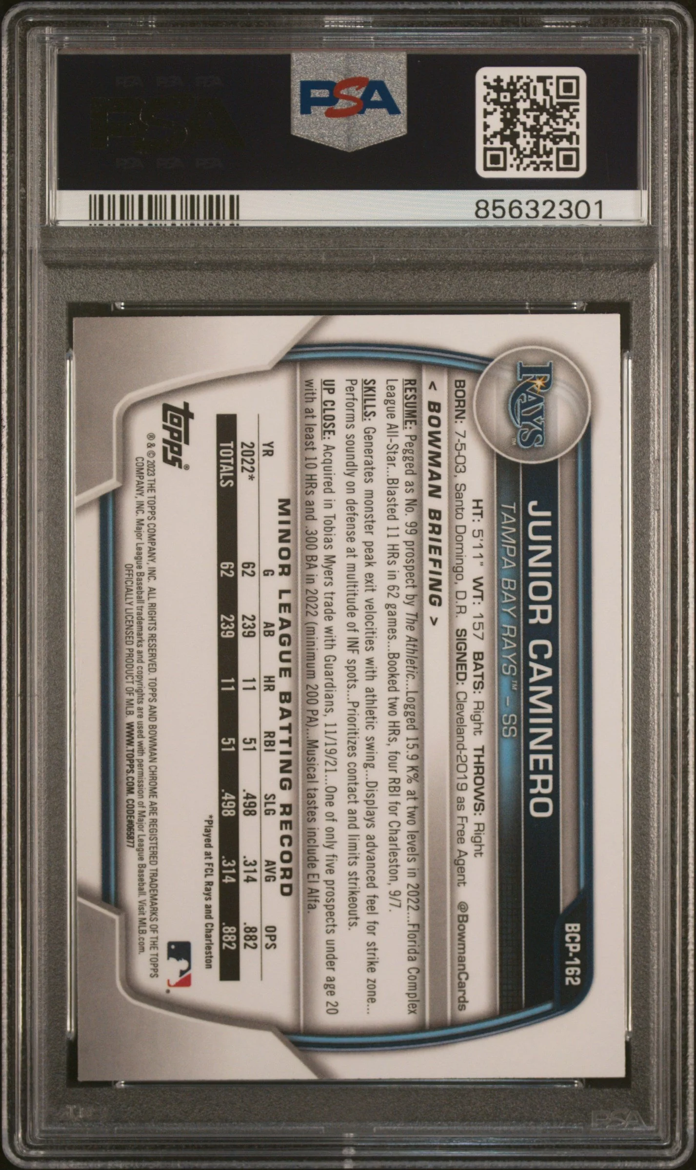 Graded 2023 Topps Bowman Chrome Junior Caminero #BCP162 Prospects Shimmer Rookie RC Baseball Card PSA 10 Gem Mint - Image 2