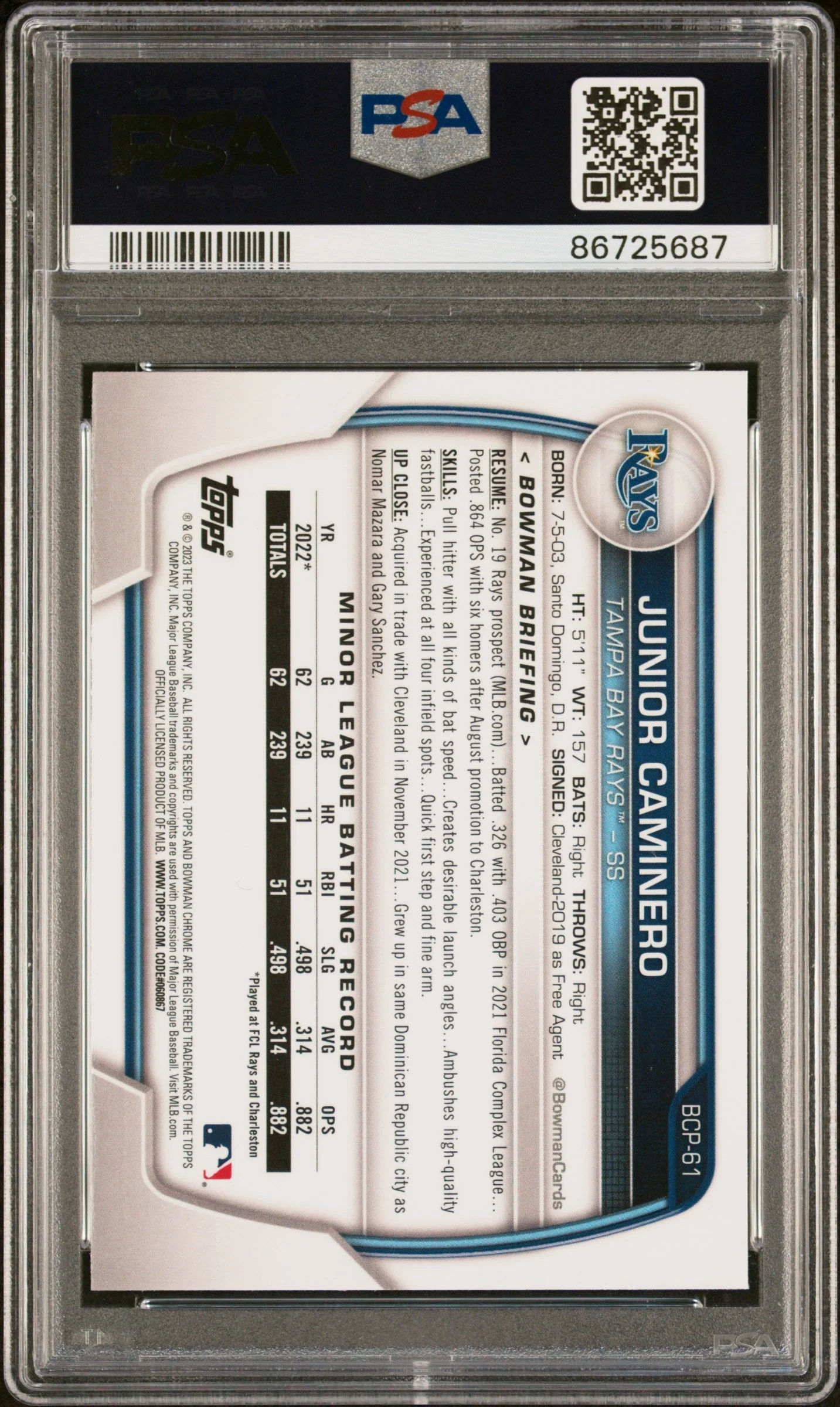 Graded 2023 Topps Bowman Chrome M/B Junior Caminero #61 Chrome Rookie RC Baseball Card PSA 10 Gem Mint - Image 2