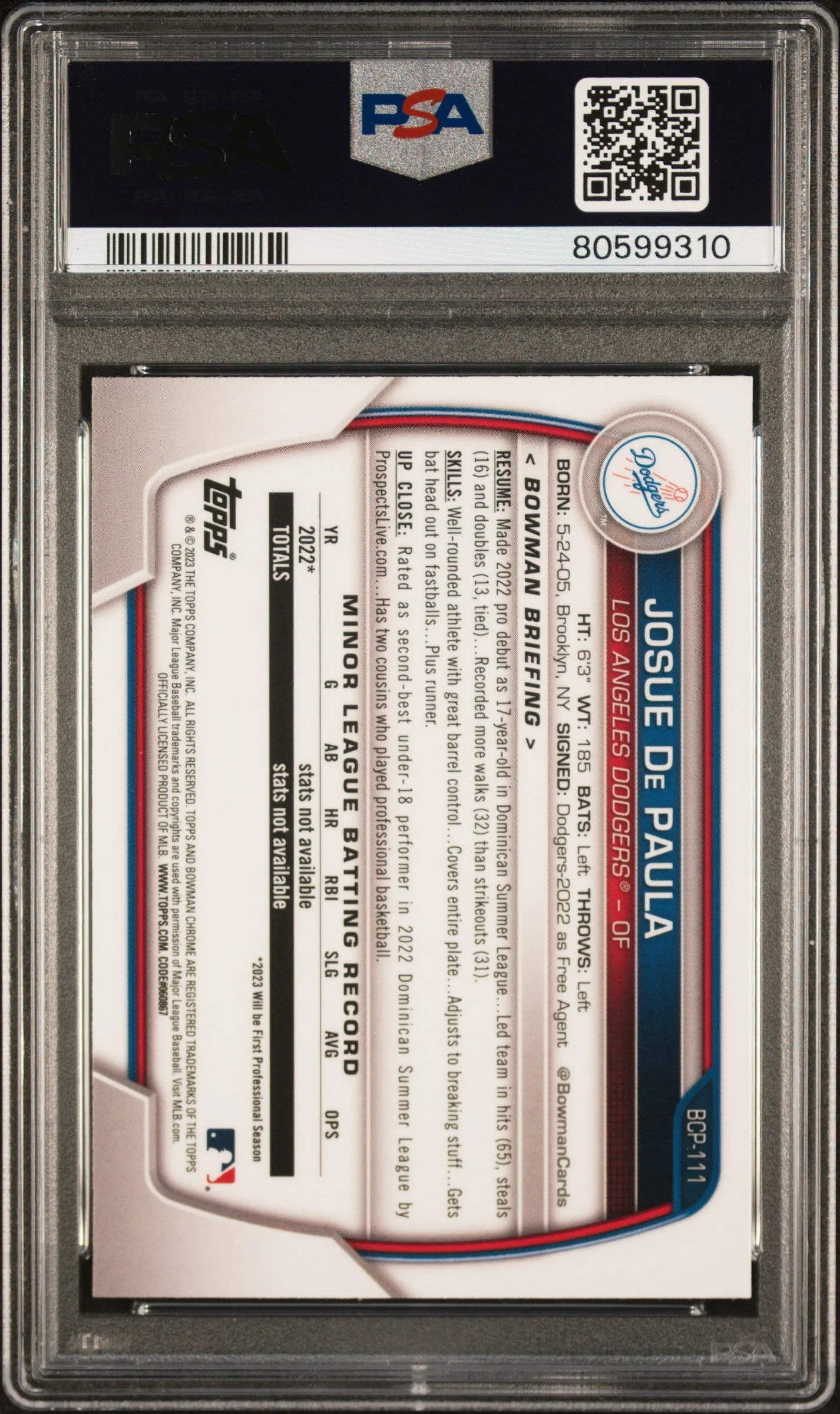 Graded 2023 Topps Bowman Chrome Mega Box Josue De Paula #BCP111 Rookie RC Baseball Card PSA 10 Gem Mint - Image 2