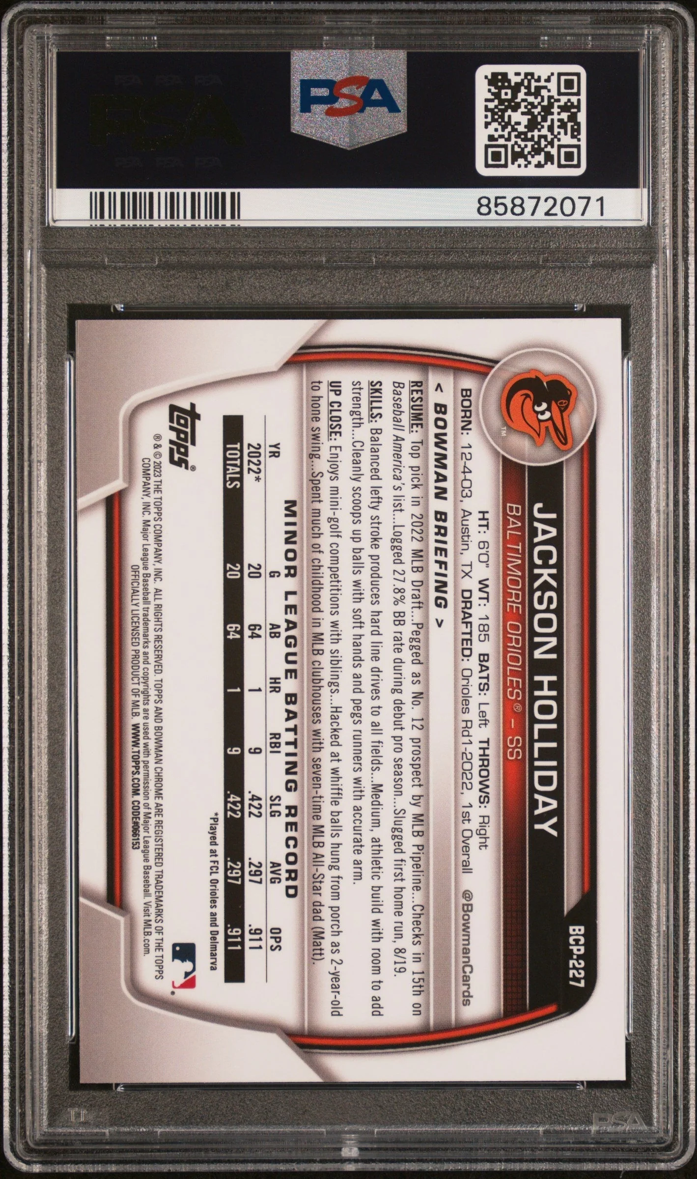 Graded 2023 Topps Bowman Chrome Sapphire Edition Jackson Holliday #227 Prospects Rookie RC Baseball Card PSA 10 Gem Mint - Image 2