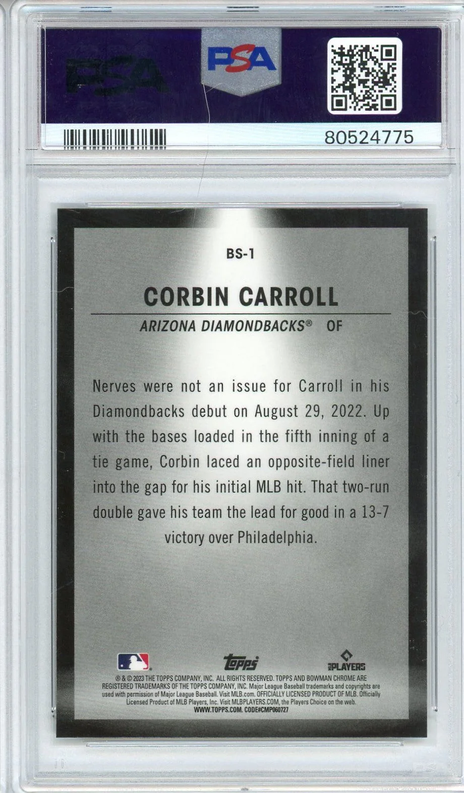 Graded 2023 Topps Bowman Corbin Carroll #BS1 Spotlights Rookie RC Baseball Card PSA 10 Gem Mint - Image 2