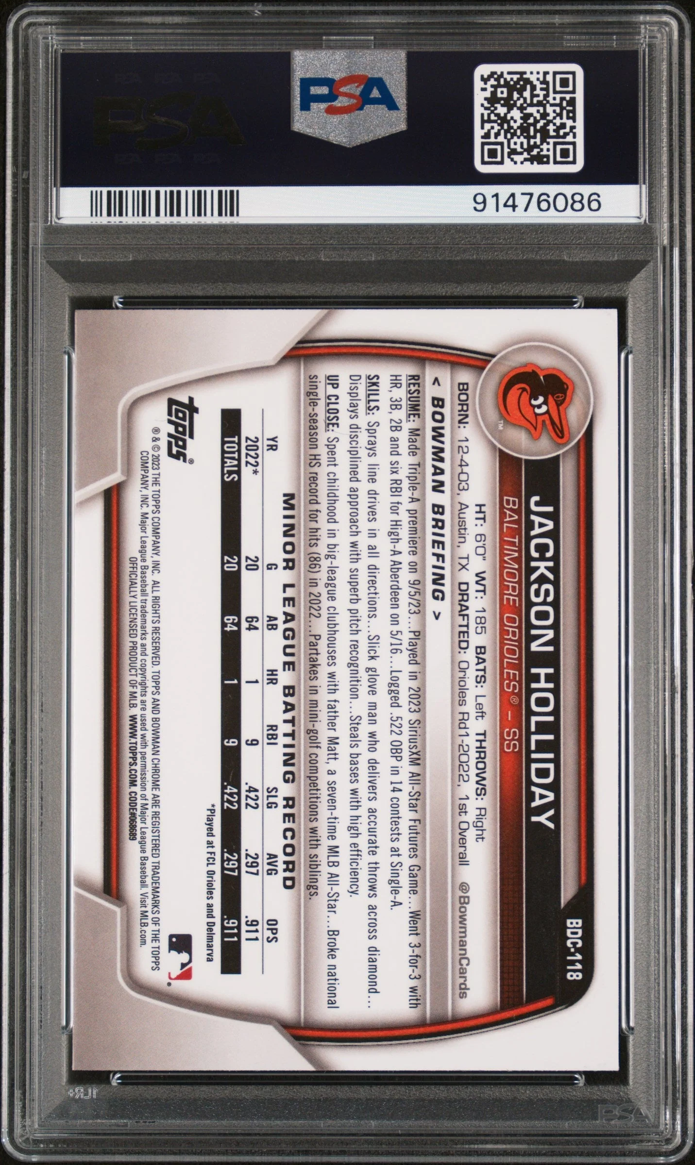 Graded 2023 Topps Bowman Draft Jackson Holliday #BDC118 Chrome Purple /250 Rookie RC Baseball Card PSA 10 Gem Mint - Image 2
