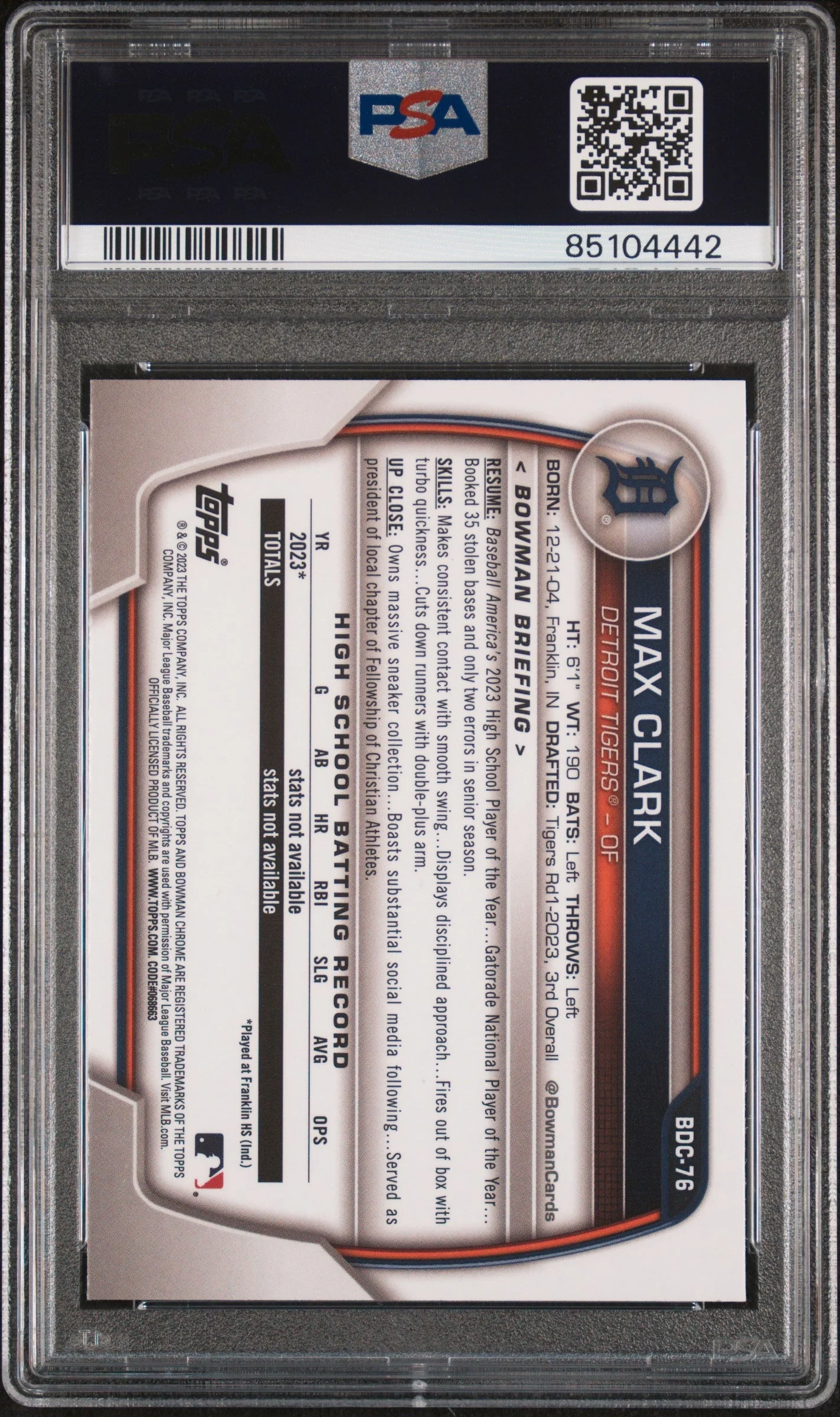 Graded 2023 Topps Bowman Draft Max Clark #BDC76 Chrome Rookie RC Baseball Card PSA 10 Gem Mint - Image 2
