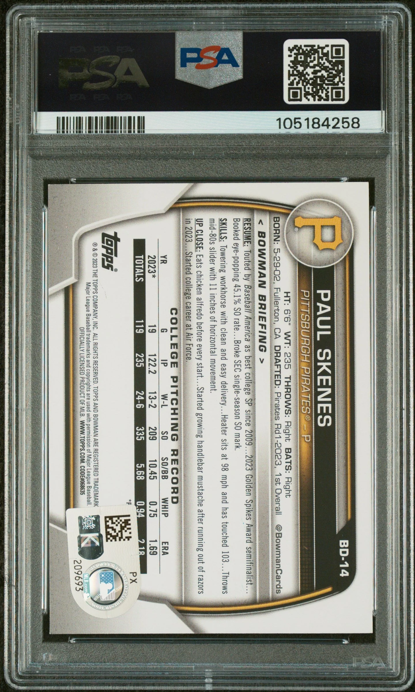 Graded 2023 Topps Bowman Draft Paul Skenes #BD14 Rookie RC Baseball Card PSA 10 Auto Grade Gem Mint - Image 2