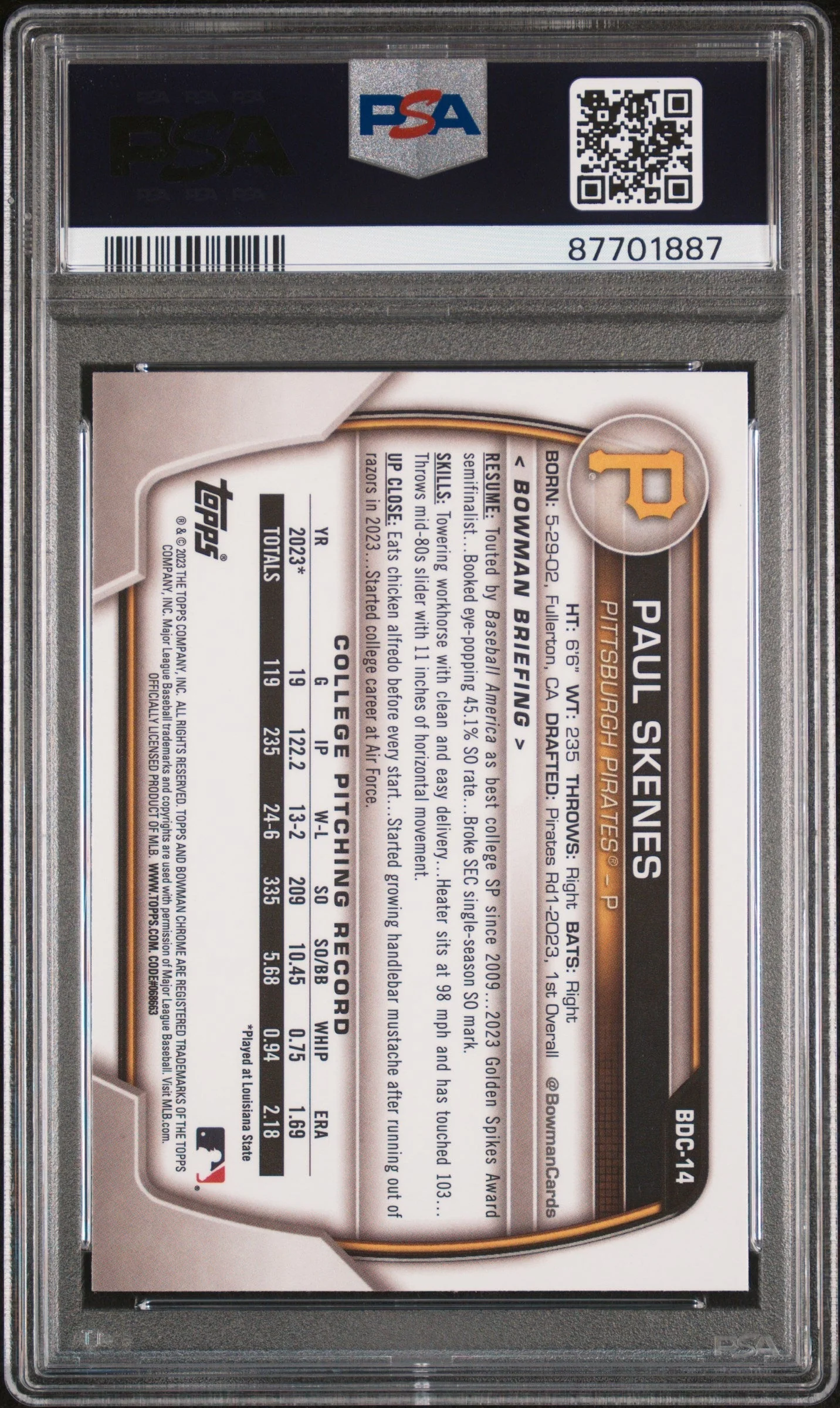 Graded 2023 Topps Bowman Draft Paul Skenes #BDC14 Chrome Rookie RC Baseball Card PSA 10 Gem Mint - Image 2