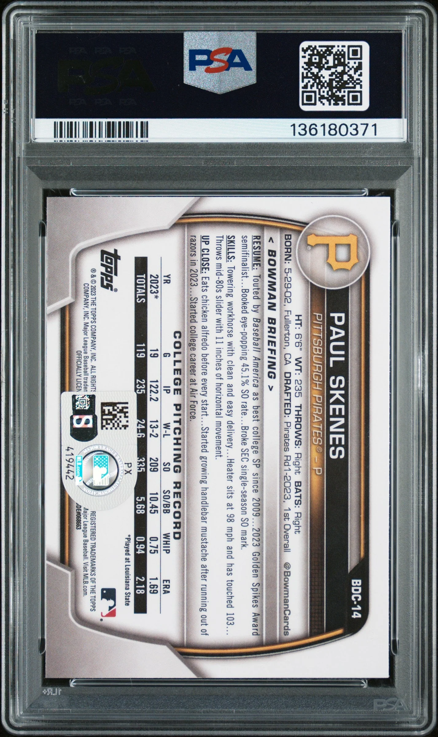 Graded 2023 Topps Bowman Draft Paul Skenes #BDC14 Chrome Rookie RC Baseball Card PSA Authentic Auto - Image 2