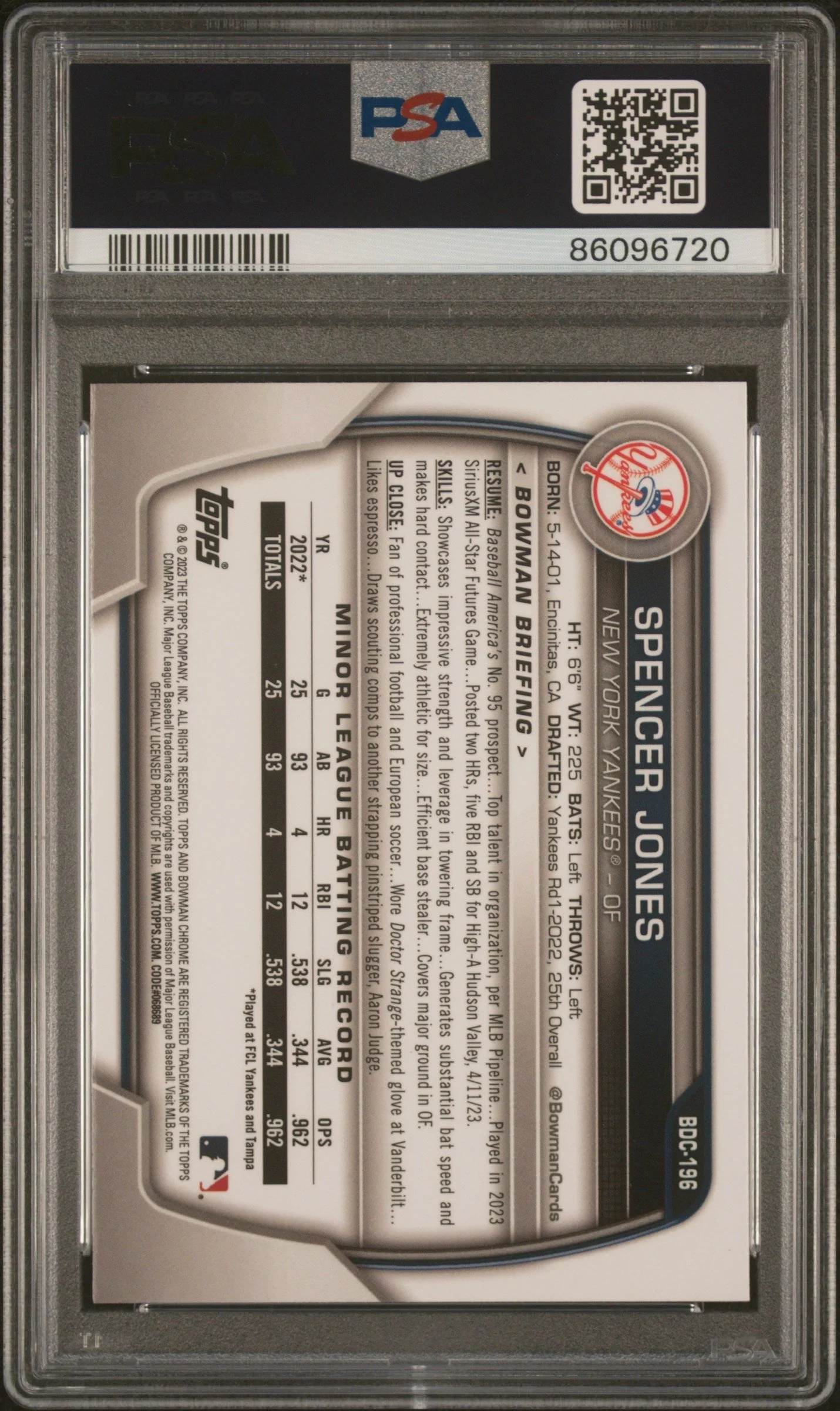 Graded 2023 Topps Bowman Draft Spencer Jones #BDC196 Chrome Rookie RC Baseball Card PSA 10 Gem Mint - Image 2