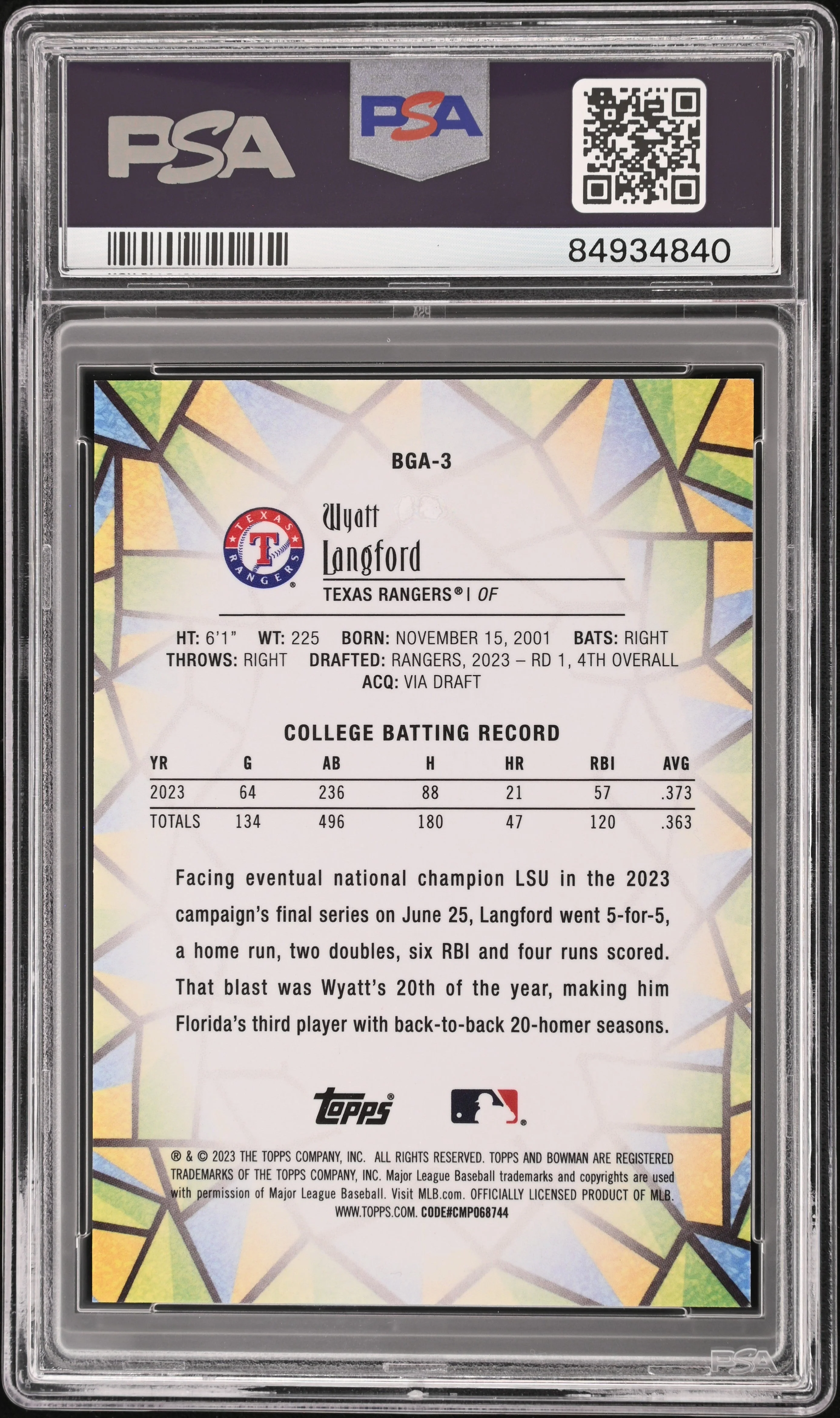 Graded 2023 Topps Bowman Draft Wyatt Langford #BGA3 Glass Rookie RC Baseball Card PSA 10 Gem Mint - Image 2