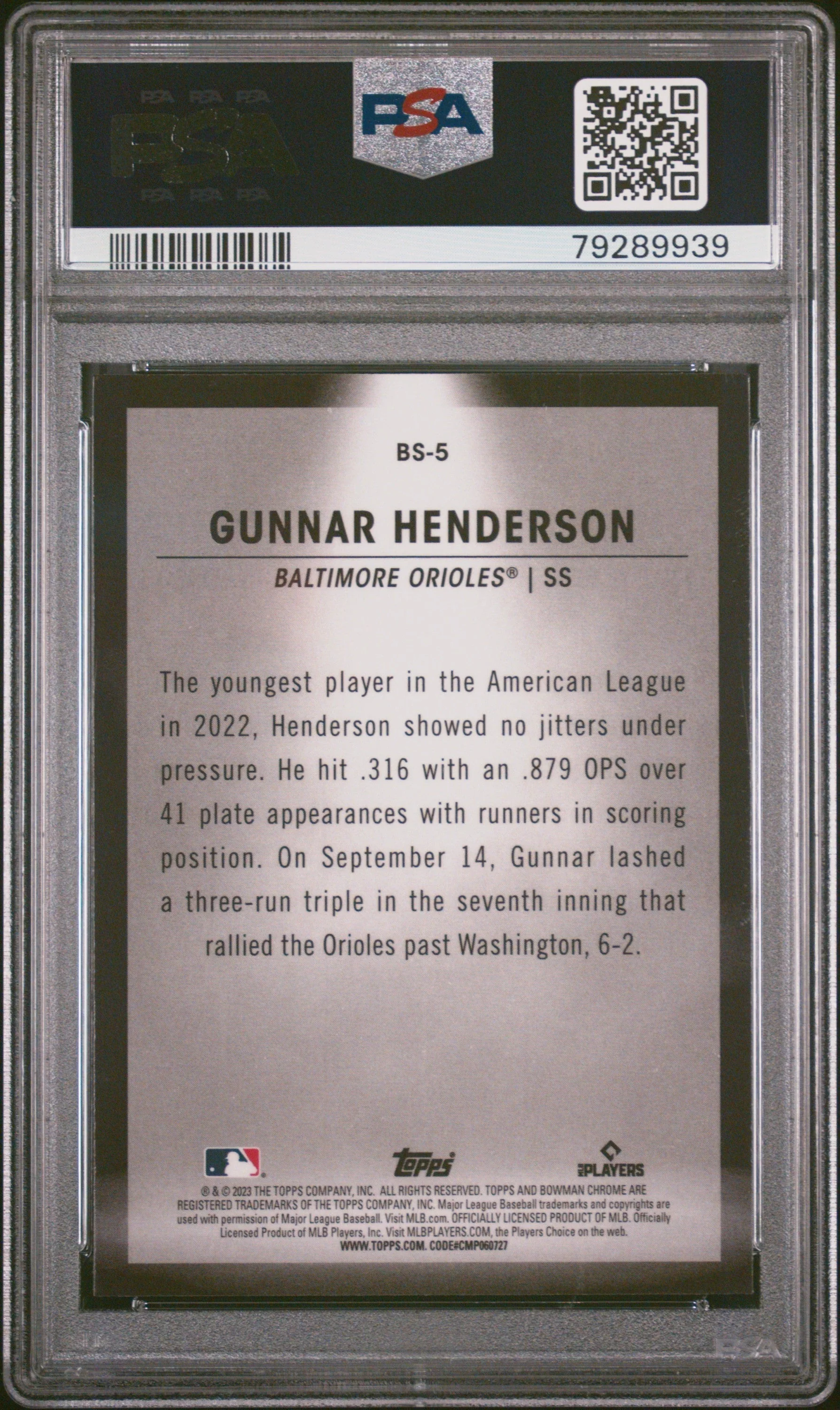 Graded 2023 Topps Bowman Gunnar Henderson #BS5 Spotlights Rookie RC Baseball Card PSA 10 Gem Mint - Image 2