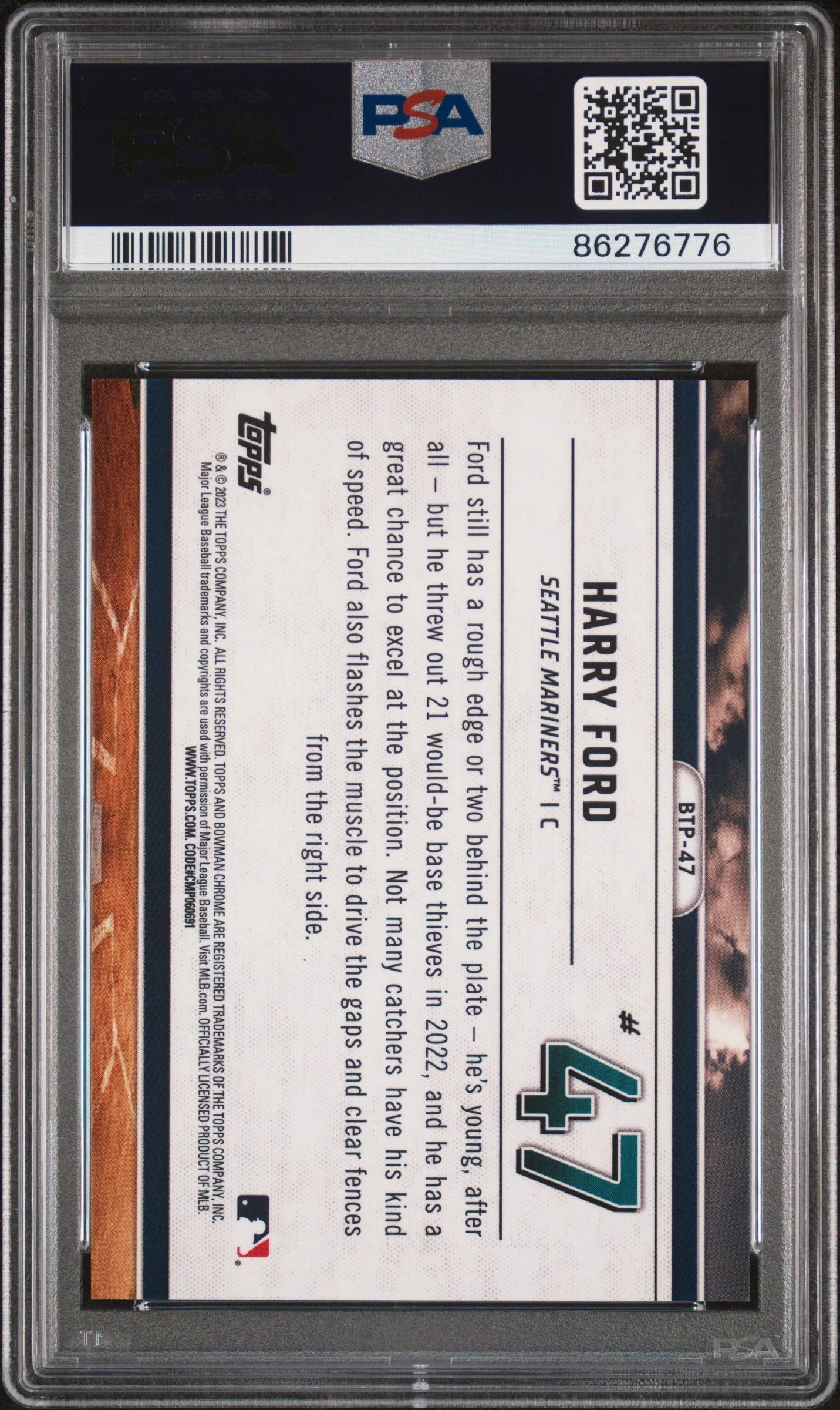 Graded 2023 Topps Bowman Harry Ford #BTP47 Scouts Top 100 Green Refractor /99 Rookie RC Baseball Card PSA 10 Gem Mint - Image 2