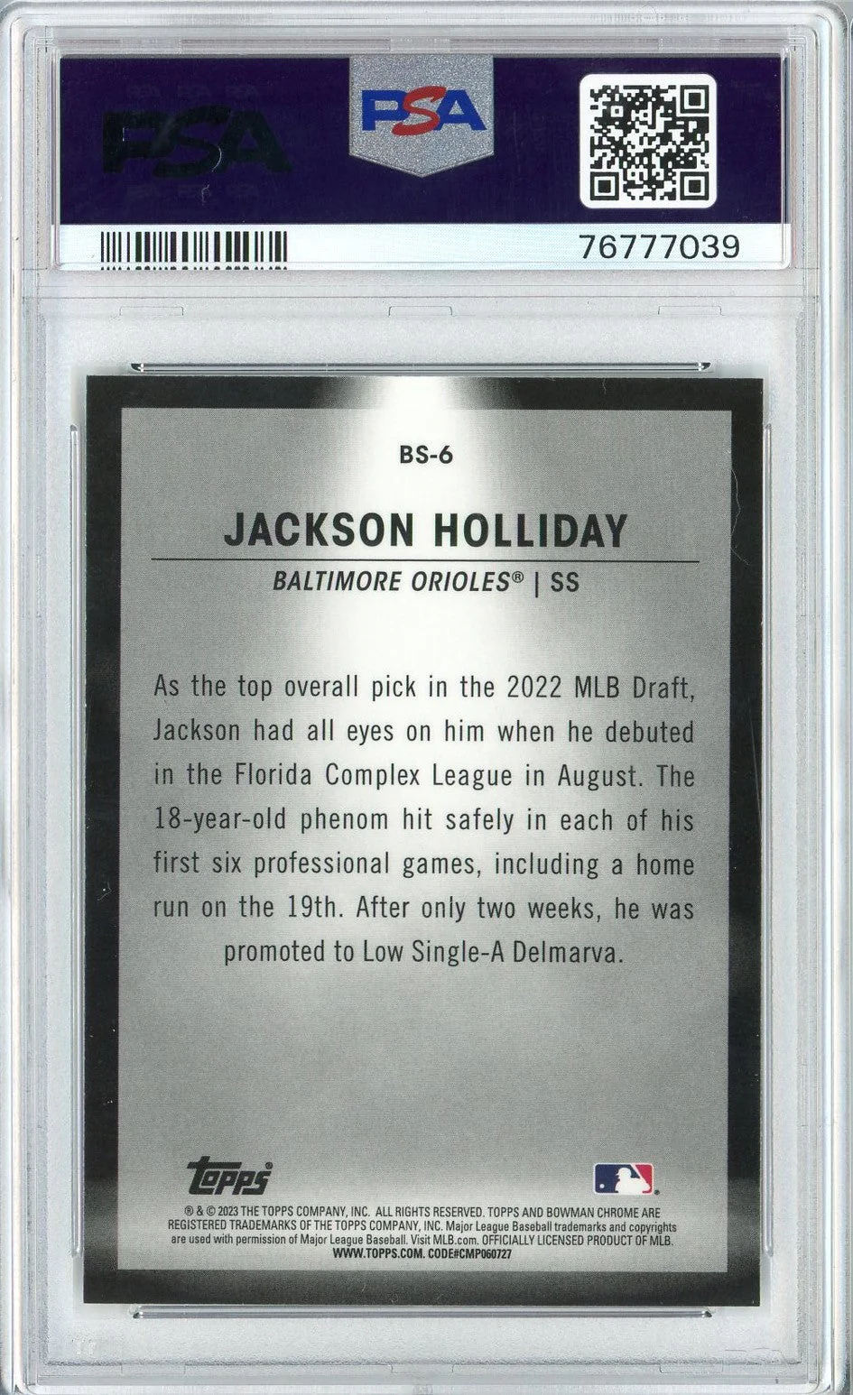 Graded 2023 Topps Bowman Jackson Holliday #BS6 Spotlights Rookie RC Baseball Card PSA 10 Gem Mint - Image 2