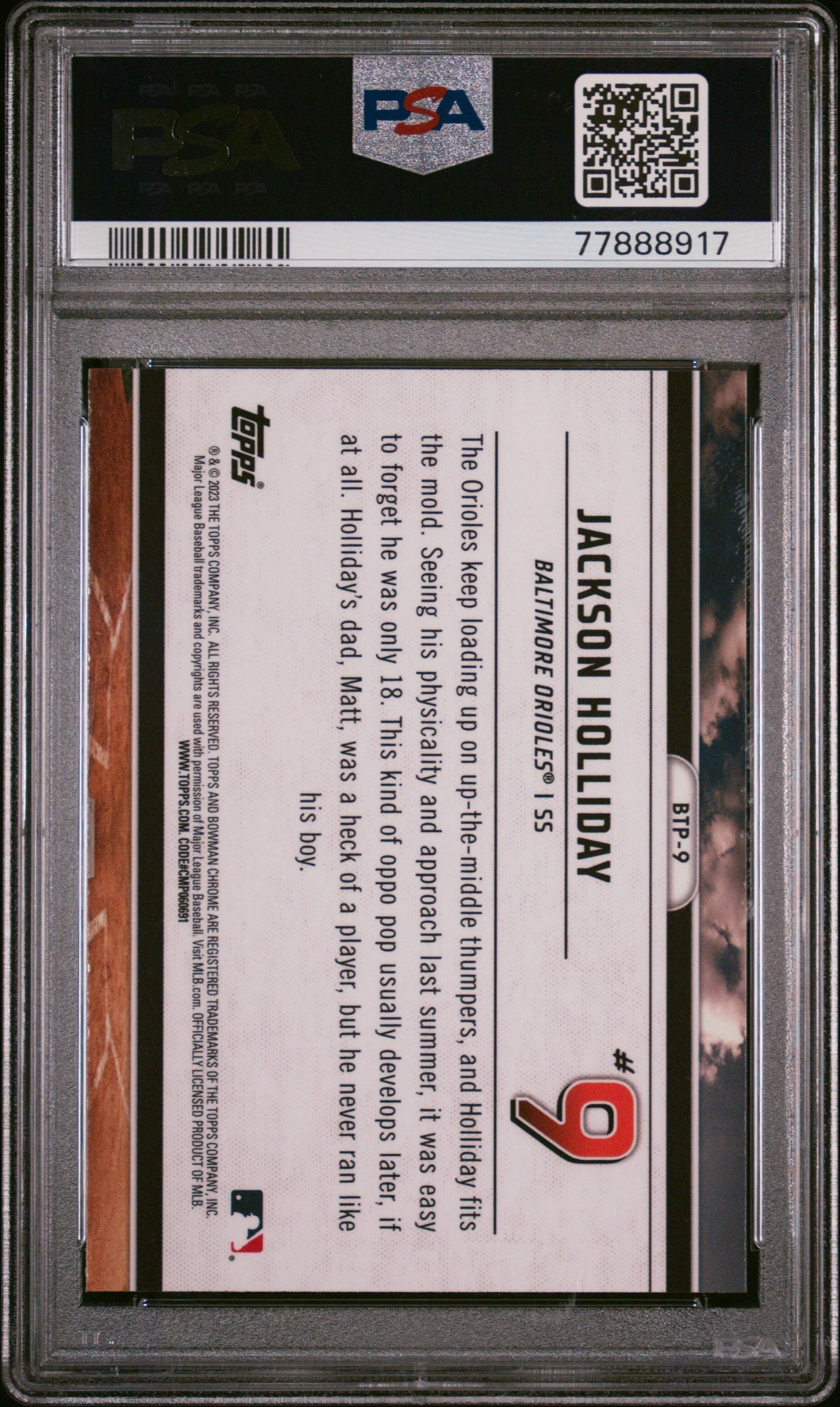 Graded 2023 Topps Bowman Jackson Holliday #BTP9 Scouts Top 100 Rookie RC Baseball Card PSA 10 Gem Mint - Image 2