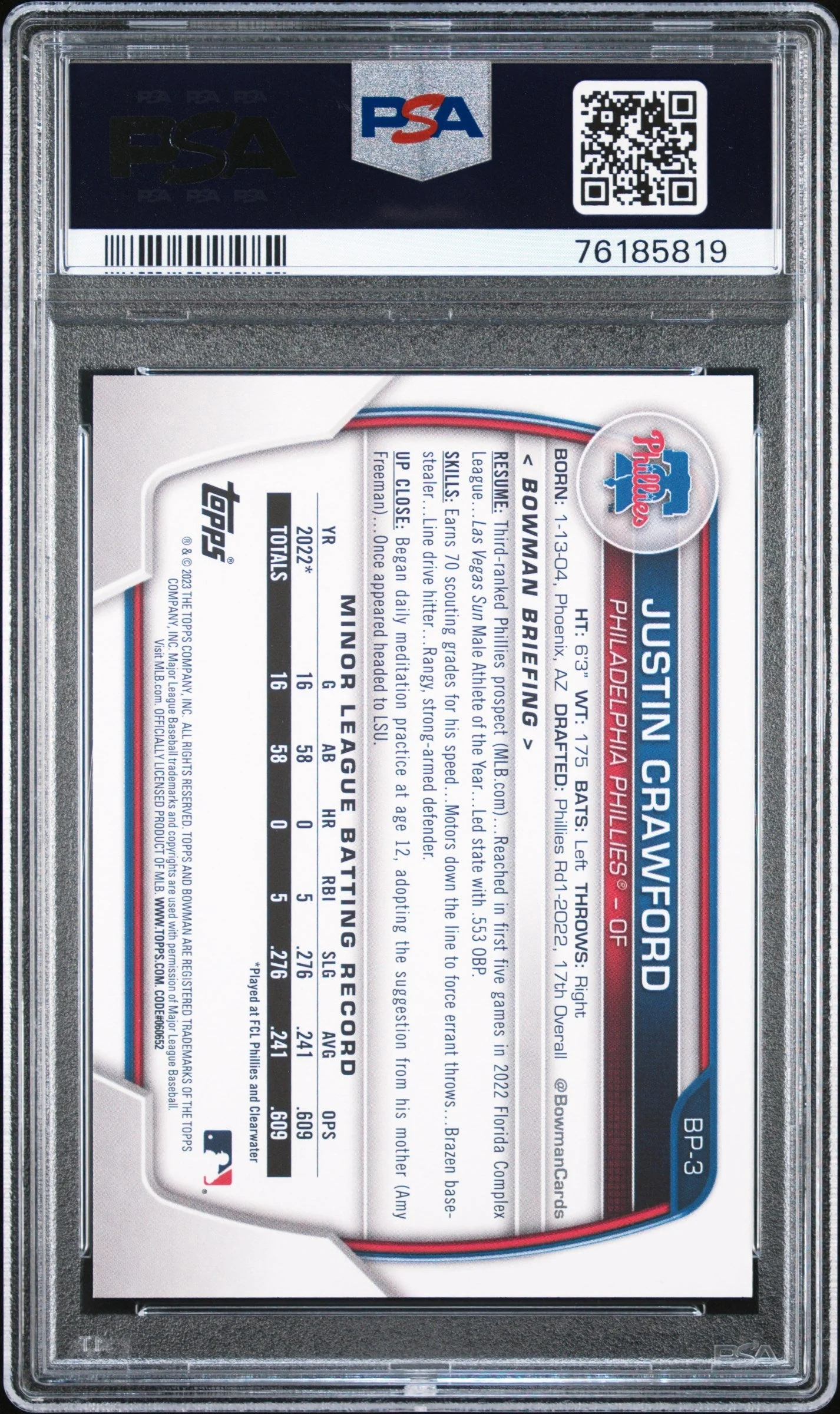 Graded 2023 Topps Bowman Justin Crawford #BP3 Paper Prospects Rookie RC Baseball Card PSA 10 Gem Mint - Image 2