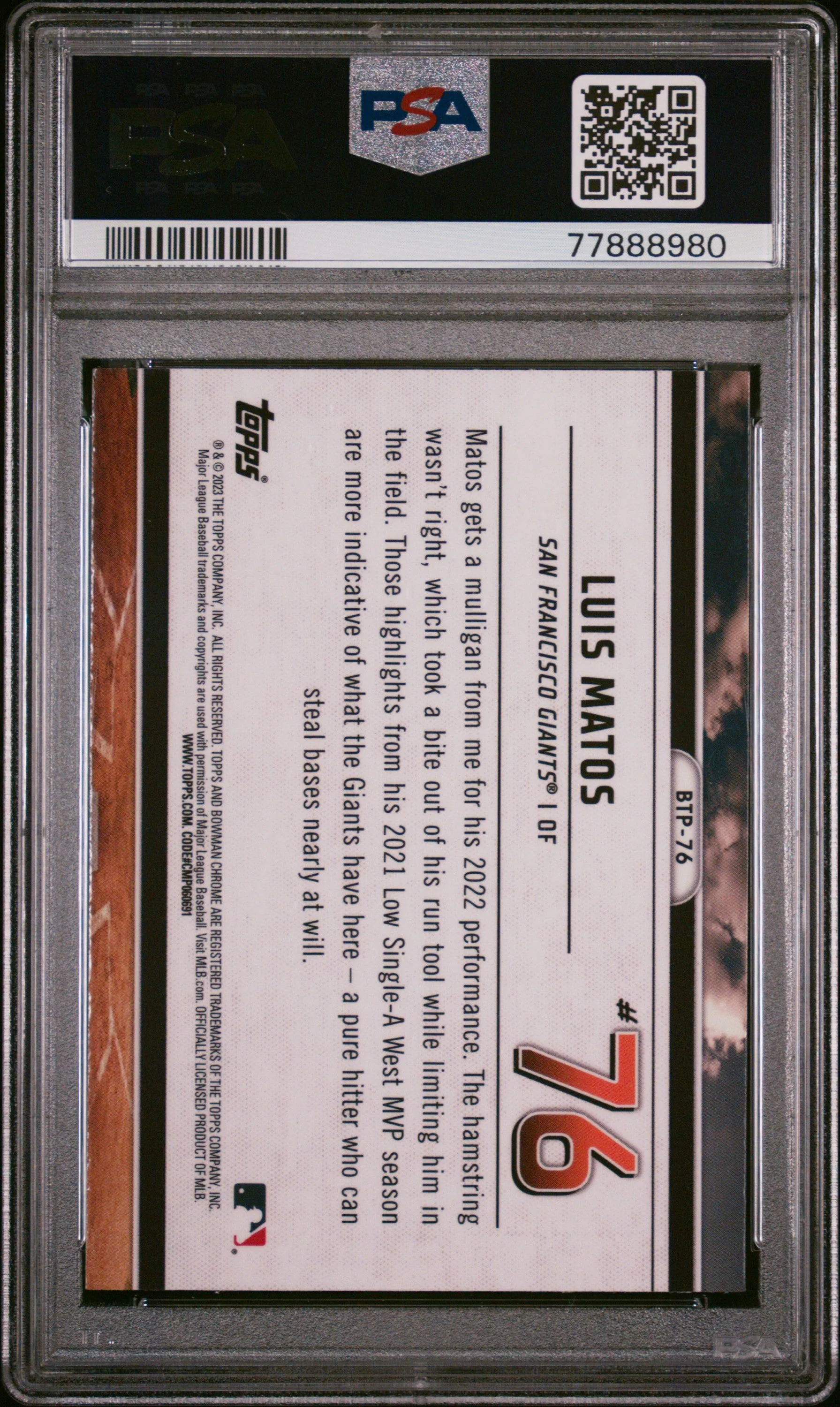 Graded 2023 Topps Bowman Luis Matos #BTP76 Scouts Top 100 Rookie RC Baseball Card PSA 10 Gem Mint - Image 2
