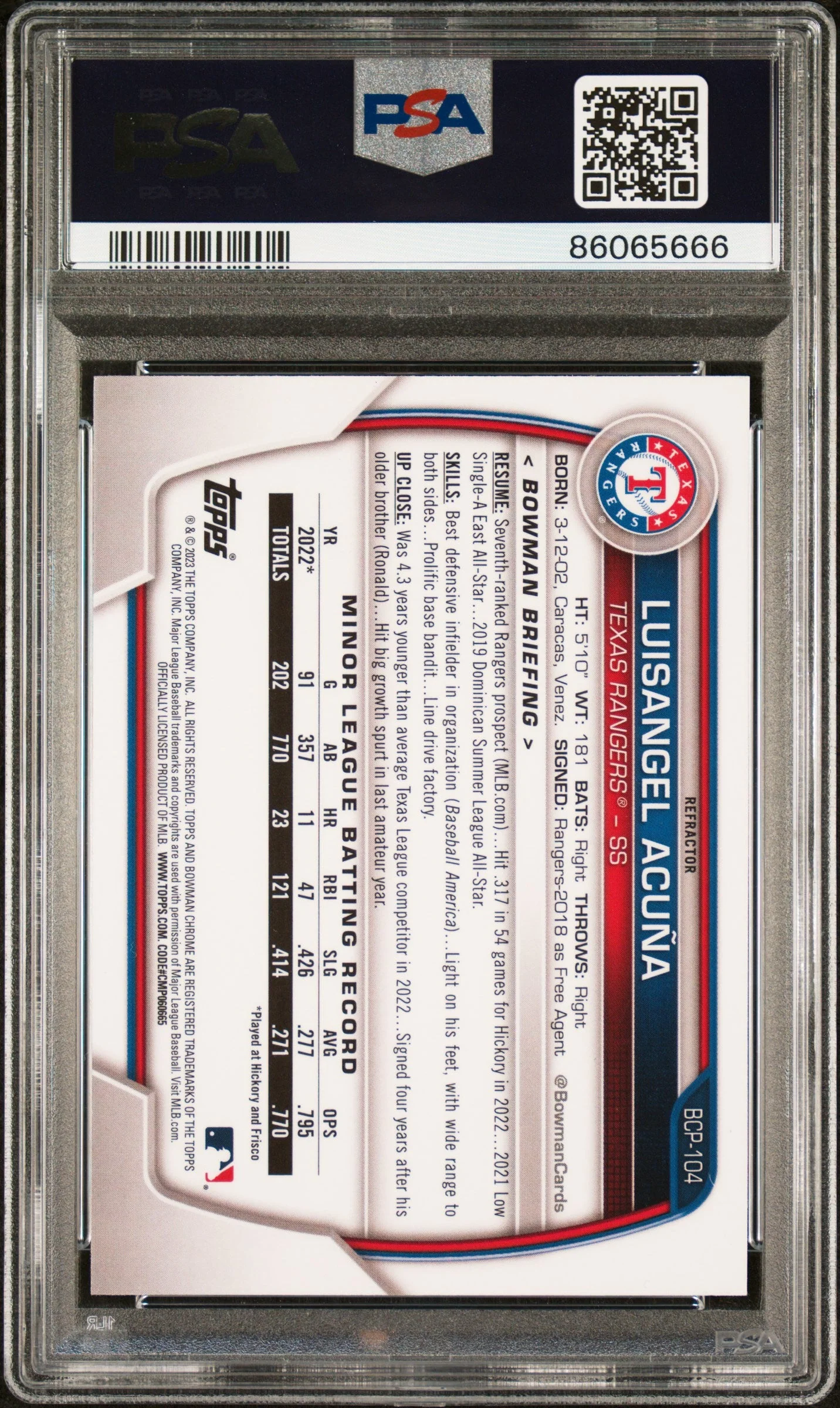 Graded 2023 Topps Bowman Luisangel Acuna #BCP104 Chrome Prospects Lunar Glow Refractor Rookie RC Baseball Card PSA 10 Gem Mint - Image 2