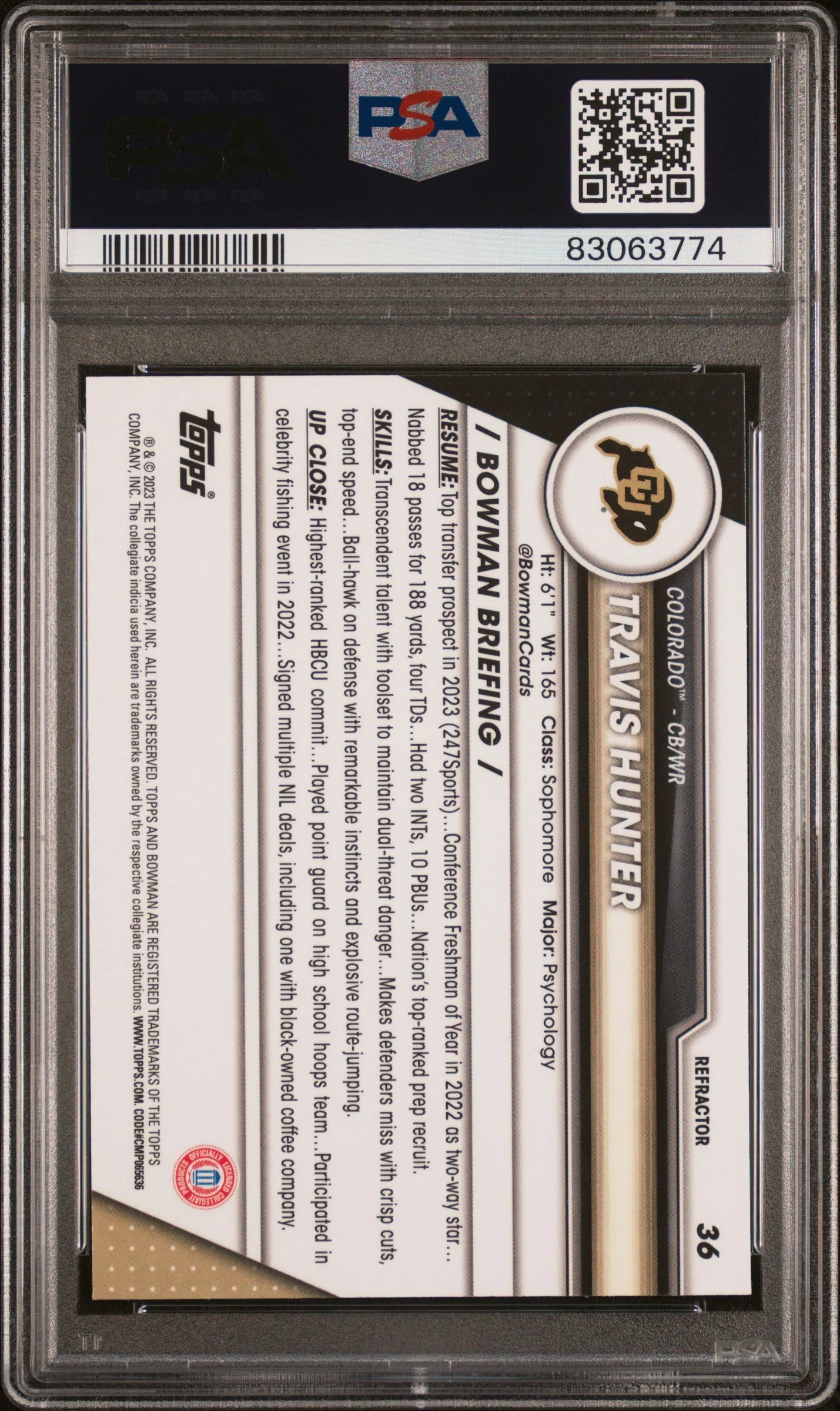 Graded 2023 Topps Bowman U Chrome Travis Hunter #36 Refractor Rookie RC Football Card PSA 10 Gem Mint - Image 2