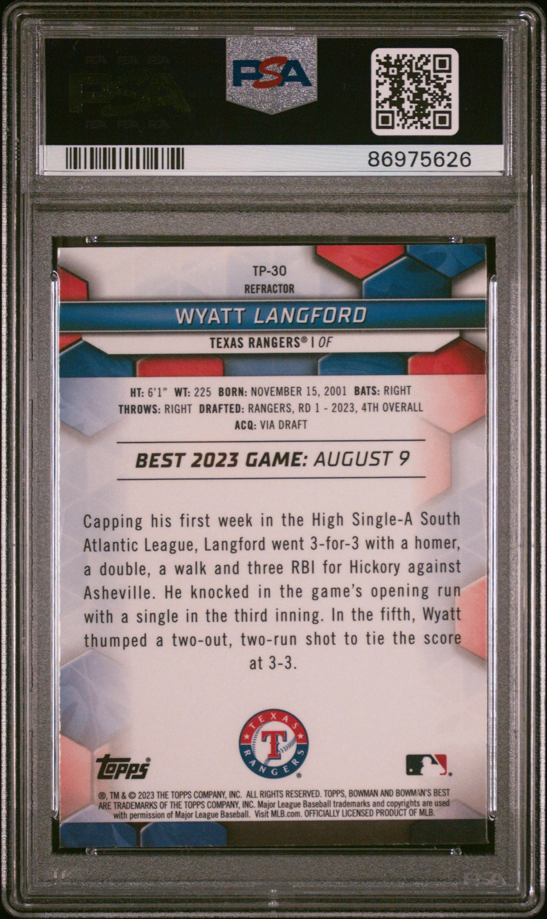 Graded 2023 Topps Bowmans Best Wyatt Langford #TP30 Top Prospects Refractor Rookie RC Baseball Card PSA 10 Gem Mint - Image 2
