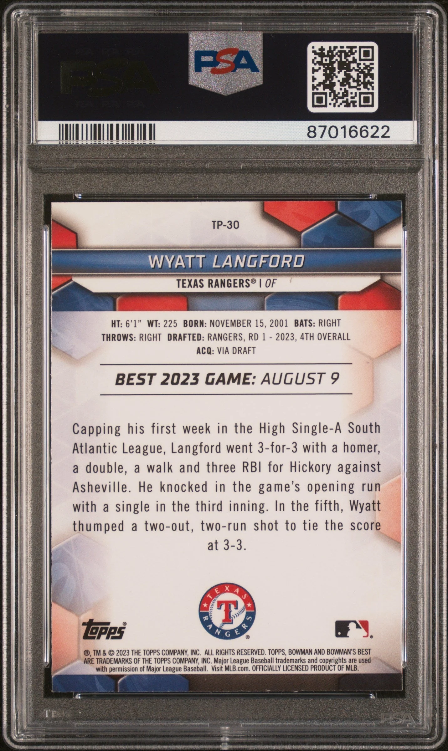 Graded 2023 Topps Bowmans Best Wyatt Langford #TP30 Top Prospects Wave Rookie RC Baseball Card PSA 10 Gem Mint - Image 2