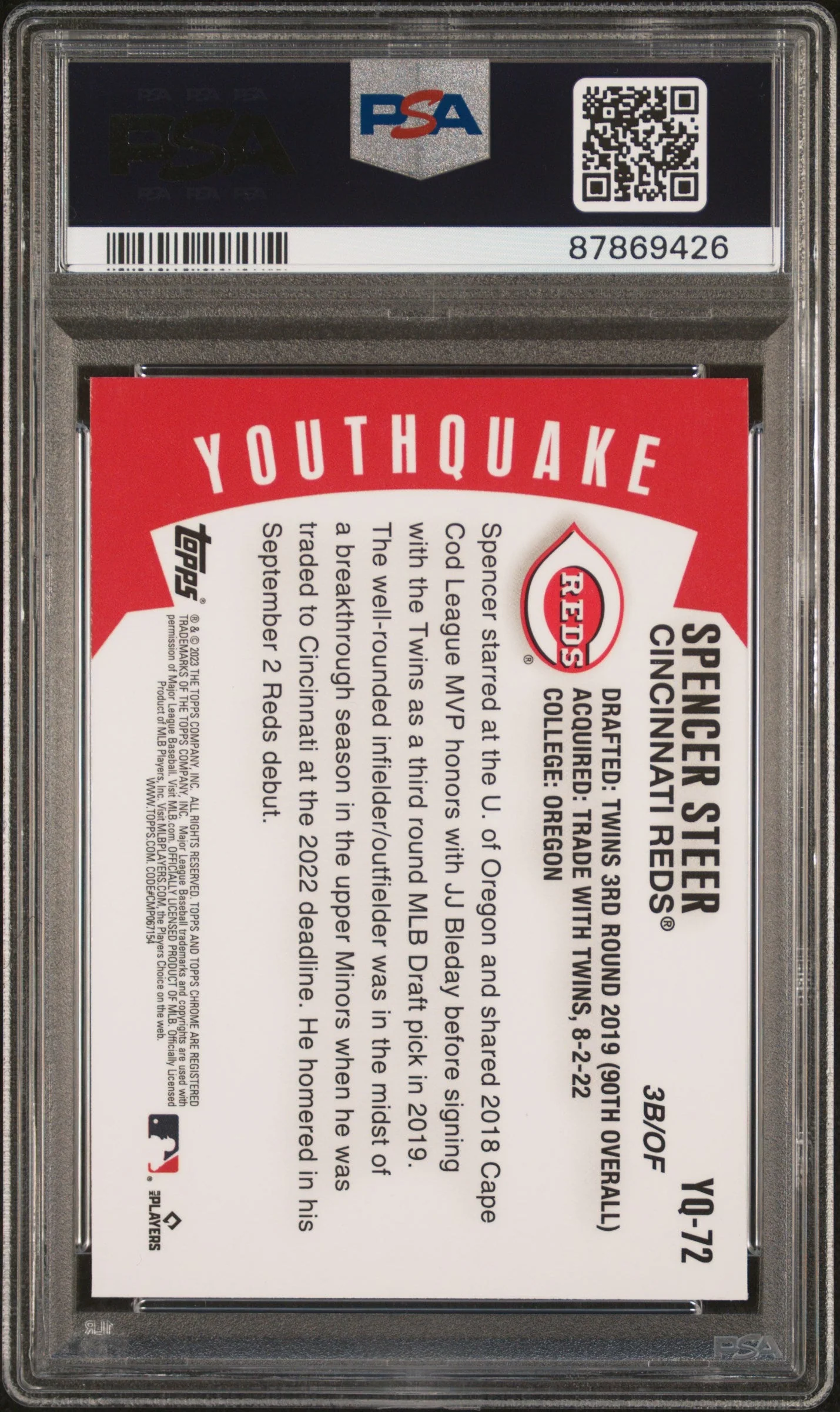 Graded 2023 Topps Chrome Spencer Steer #YQ72 Youthquake Rookie RC Baseball Card PSA 10 Gem Mint - Image 2