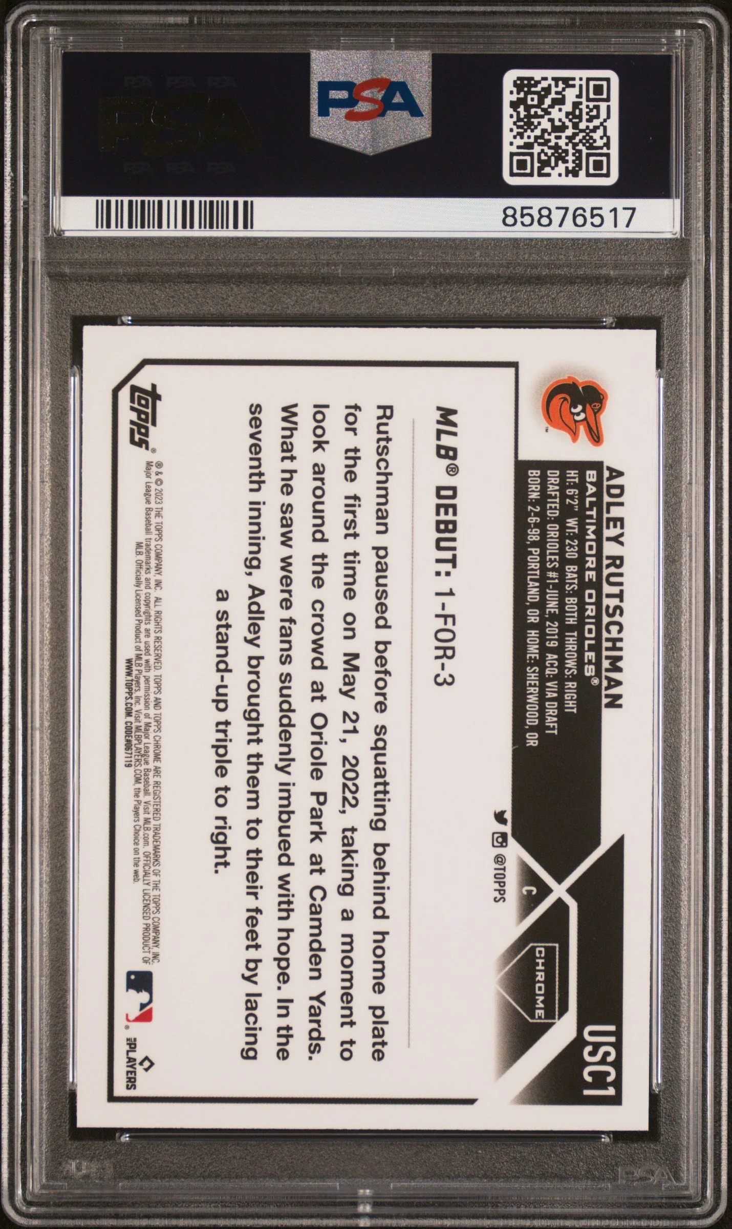 Graded 2023 Topps Chrome Update Adley Rutschman #USC1 Rookie RC Baseball Card PSA 10 Gem Mint - Image 2
