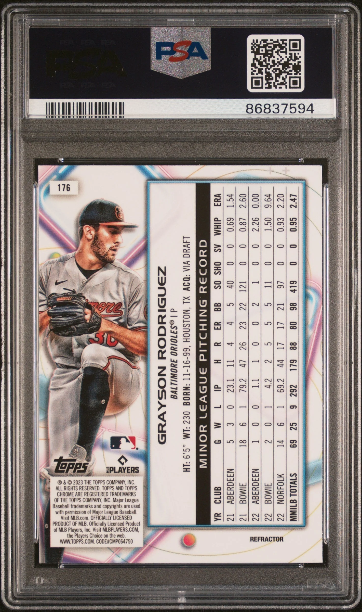 Graded 2023 Topps Cosmic Chrome Grayson Rodriguez #176 Refractor Rookie RC Baseball Card PSA 10 Gem Mint - Image 2