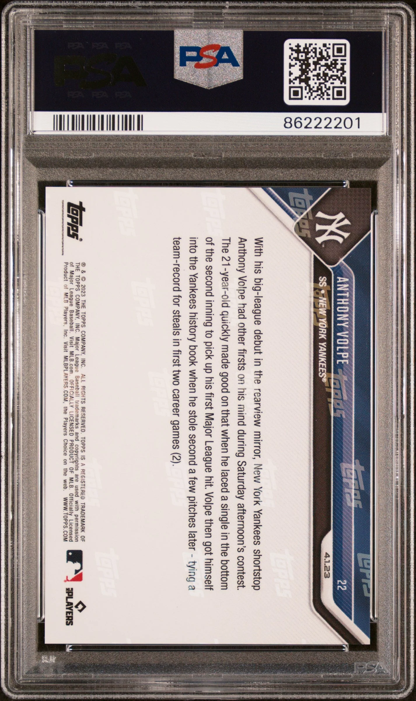 Graded 2023 Topps Now Anthony Volpe #22 Rookie RC Baseball Card PSA 10 Gem Mint - Image 2