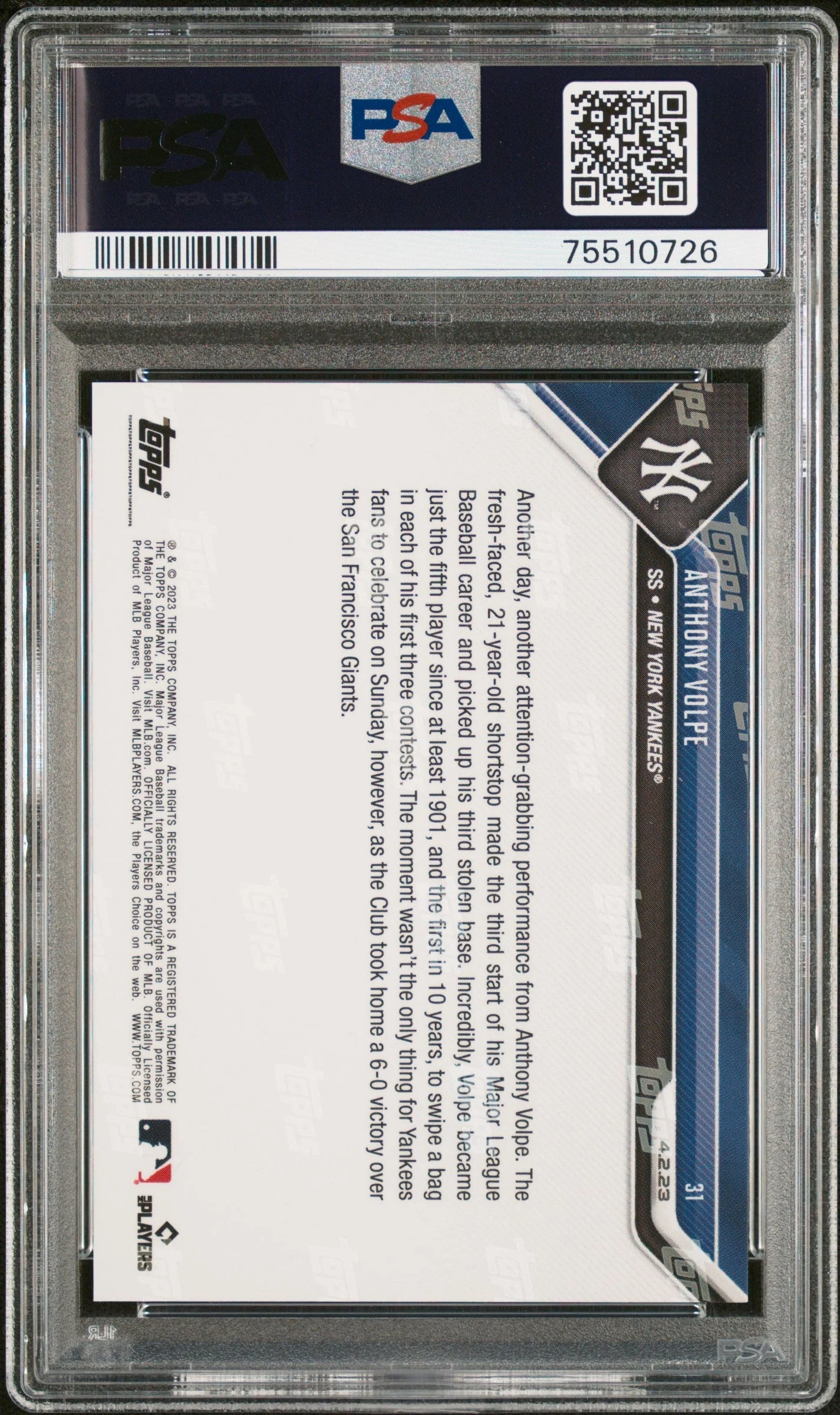 Graded 2023 Topps Now Anthony Volpe #31 Rookie RC Baseball Card PSA 10 Gem Mint - Image 2