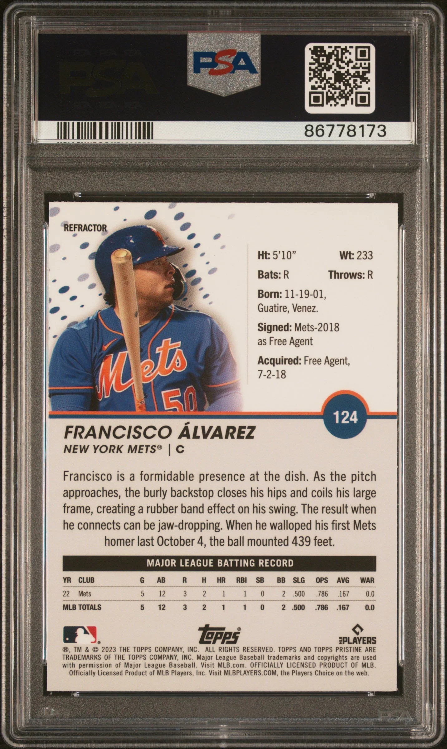 Graded 2023 Topps Pristine Francisco Alvarez #124 Refractor Rookie RC Baseball Card PSA 10 Gem Mint - Image 2