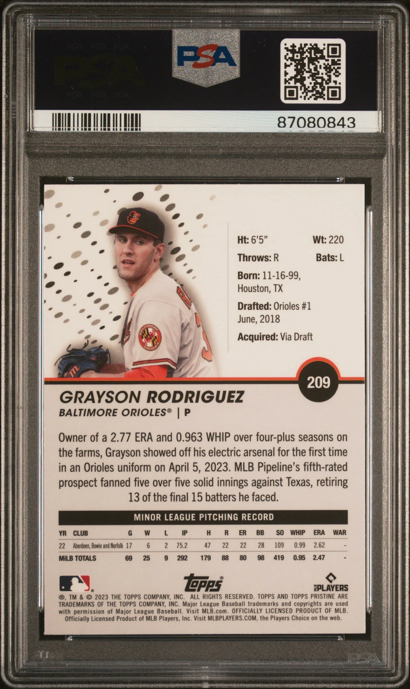 Graded 2023 Topps Pristine Grayson Rodriguez #209 Rookie RC Baseball Card PSA 10 Gem Mint - Image 2