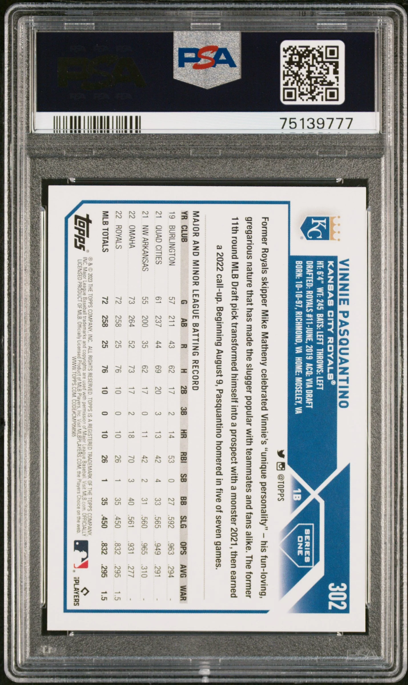 Graded 2023 Topps Vinnie Pasquantino #302 Rookie RC Baseball Card PSA 10 Gem Mint - Image 2