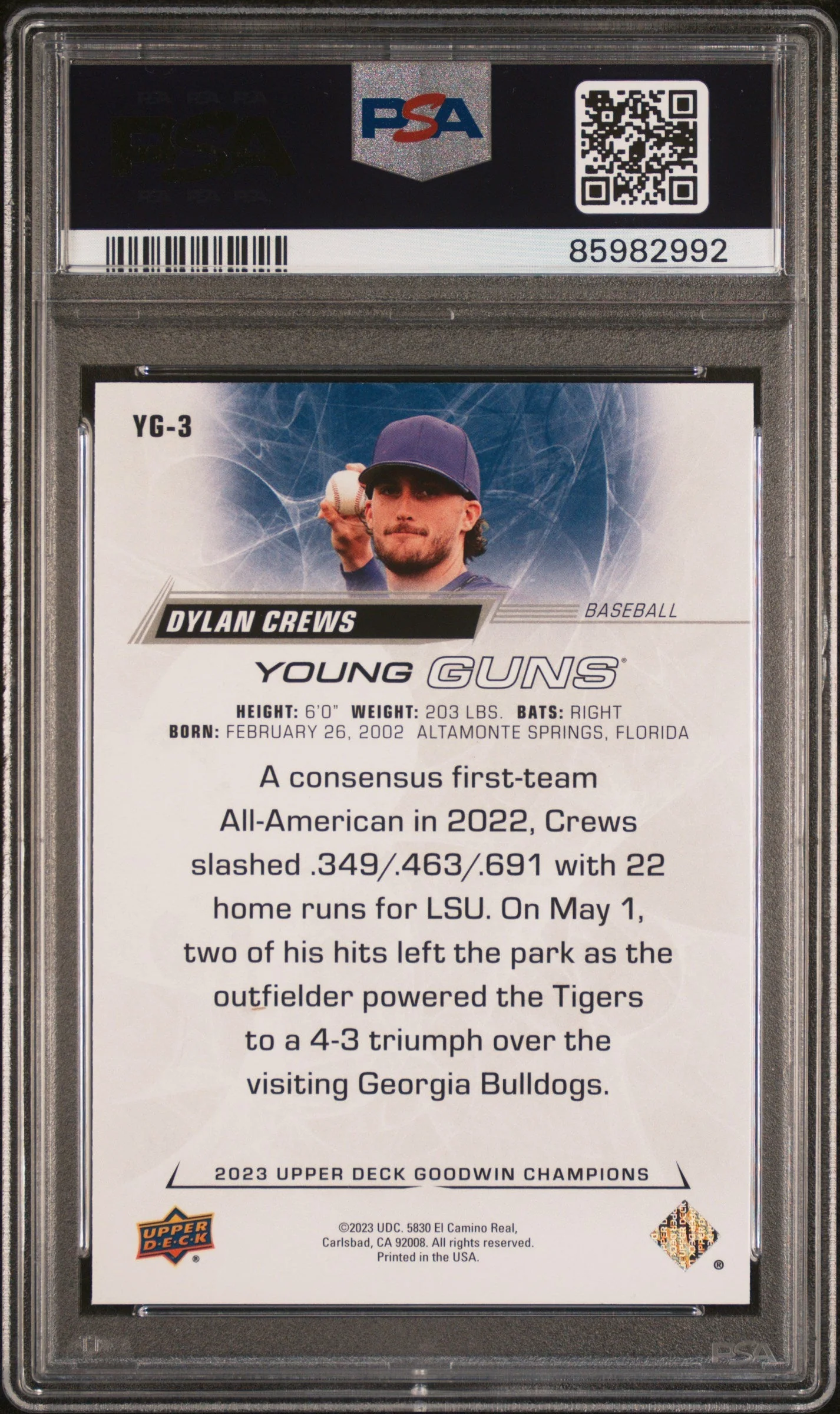 Graded 2023 Upper Deck Goodwin Champions Dylan Crews #YG3 Young Guns Rookie RC Baseball Card PSA 10 Gem Mint - Image 2