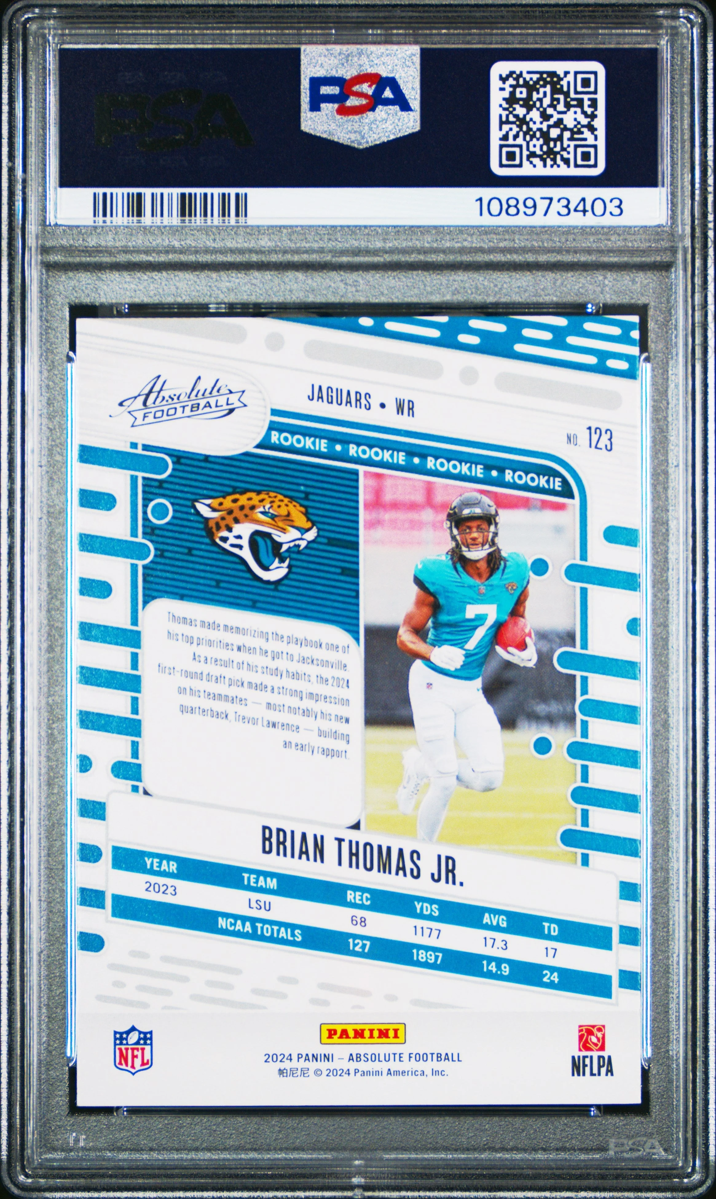 Graded 2024 Panini Absolute Brian Thomas Jr #123 Rookie RC Football Card PSA 9 Mint - Image 2