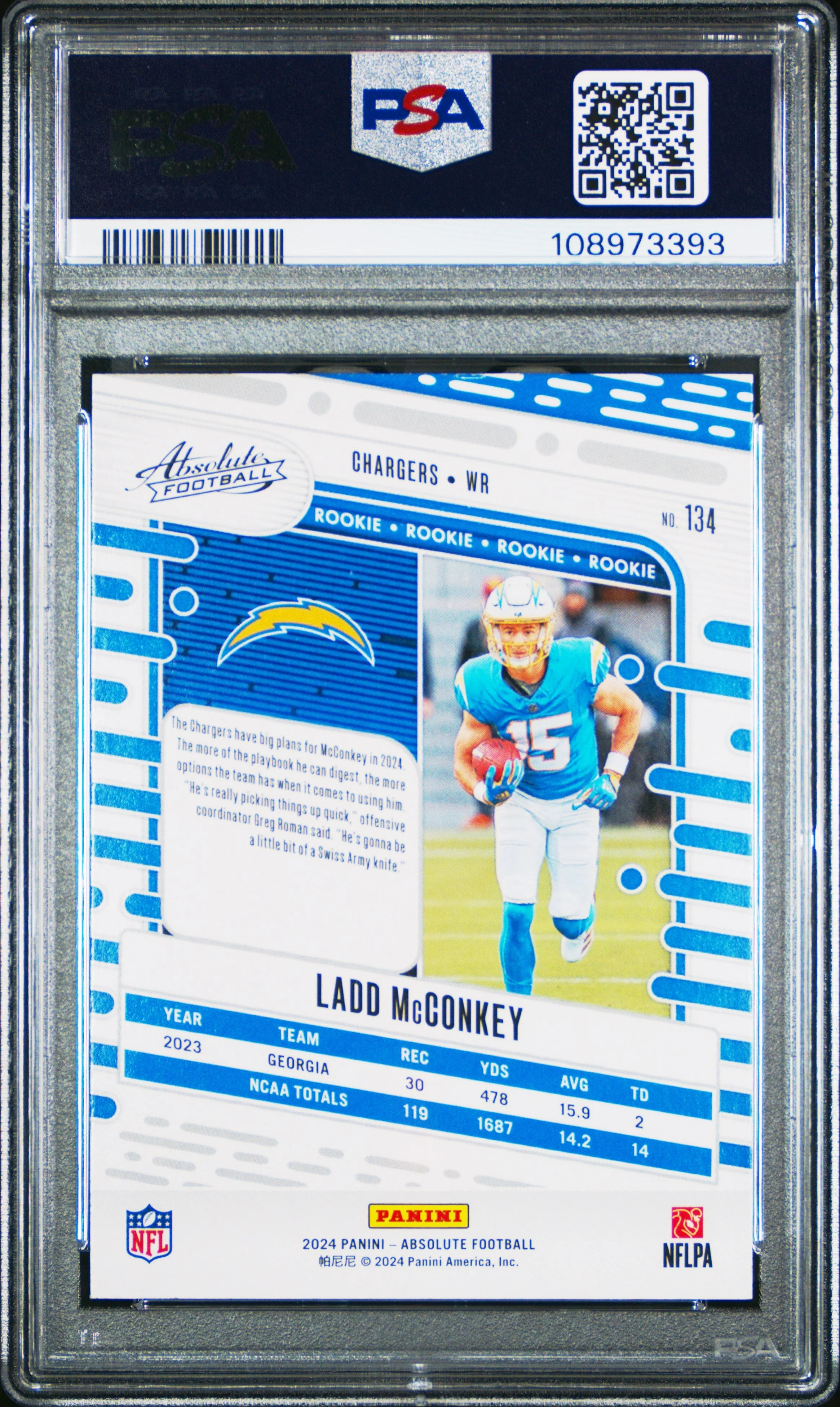 Graded 2024 Panini Absolute Ladd McConkey #134 Red/Blue Rookie RC Football Card PSA 10 Gem Mint - Image 2