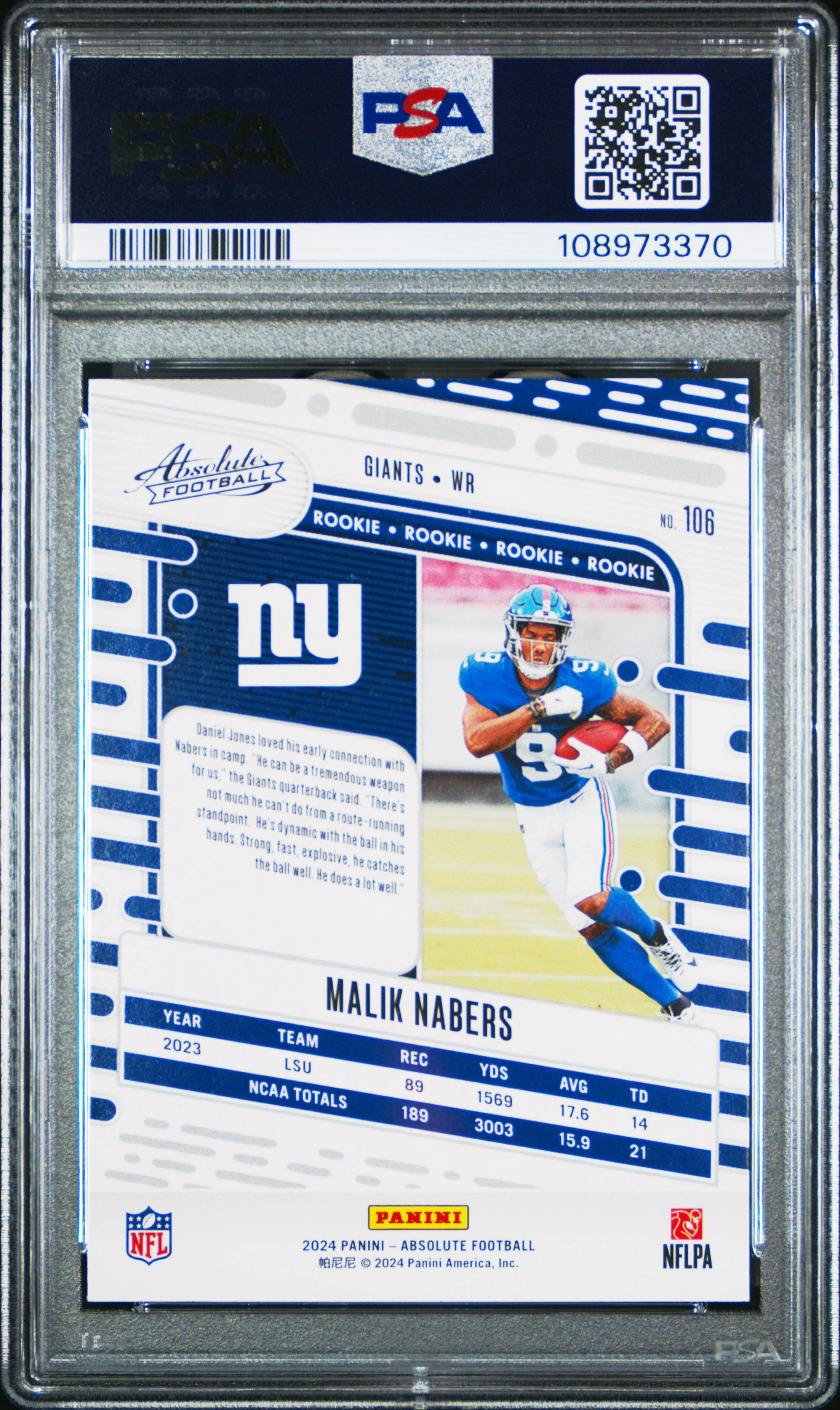 Graded 2024 Panini Absolute Malik Nabers #106 Orange Rookie RC Football Card PSA 10 Gem Mint - Image 2