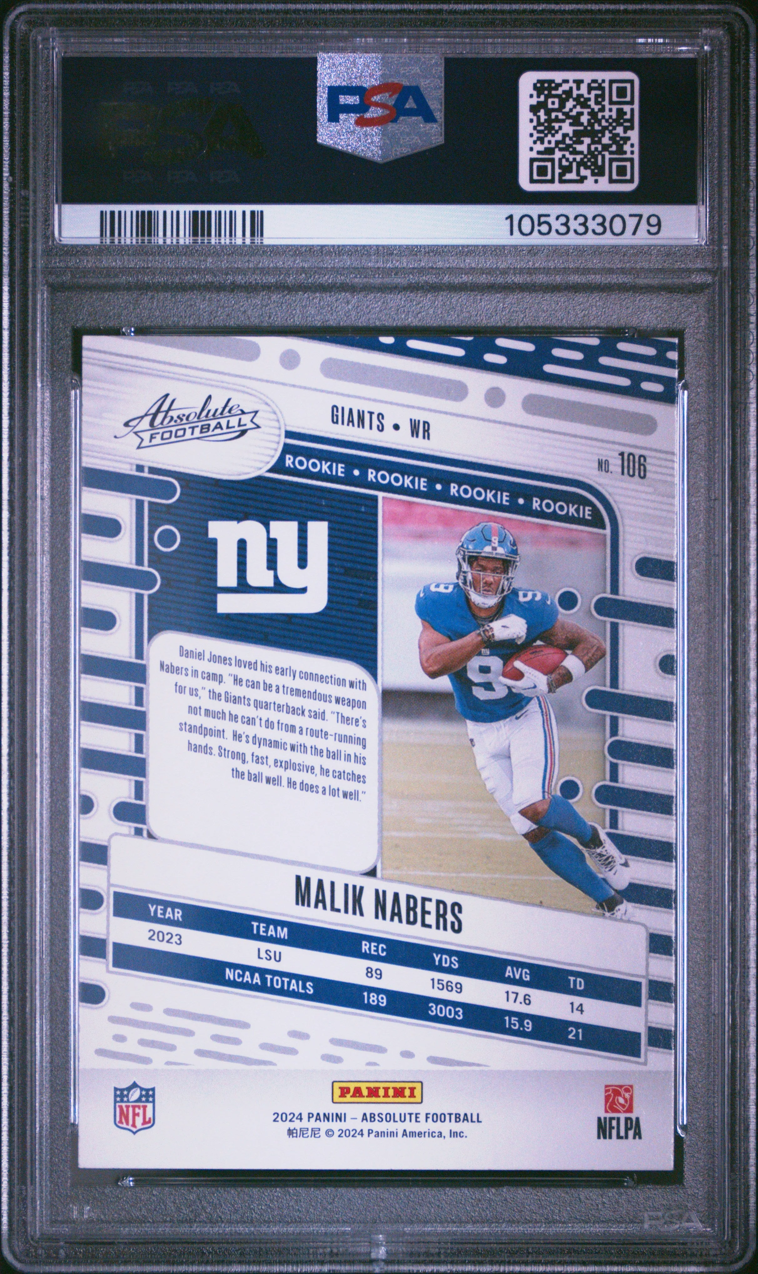 Graded 2024 Panini Absolute Malik Nabers #106 Rookie RC Football Card PSA 10 Gem Mint - Image 2