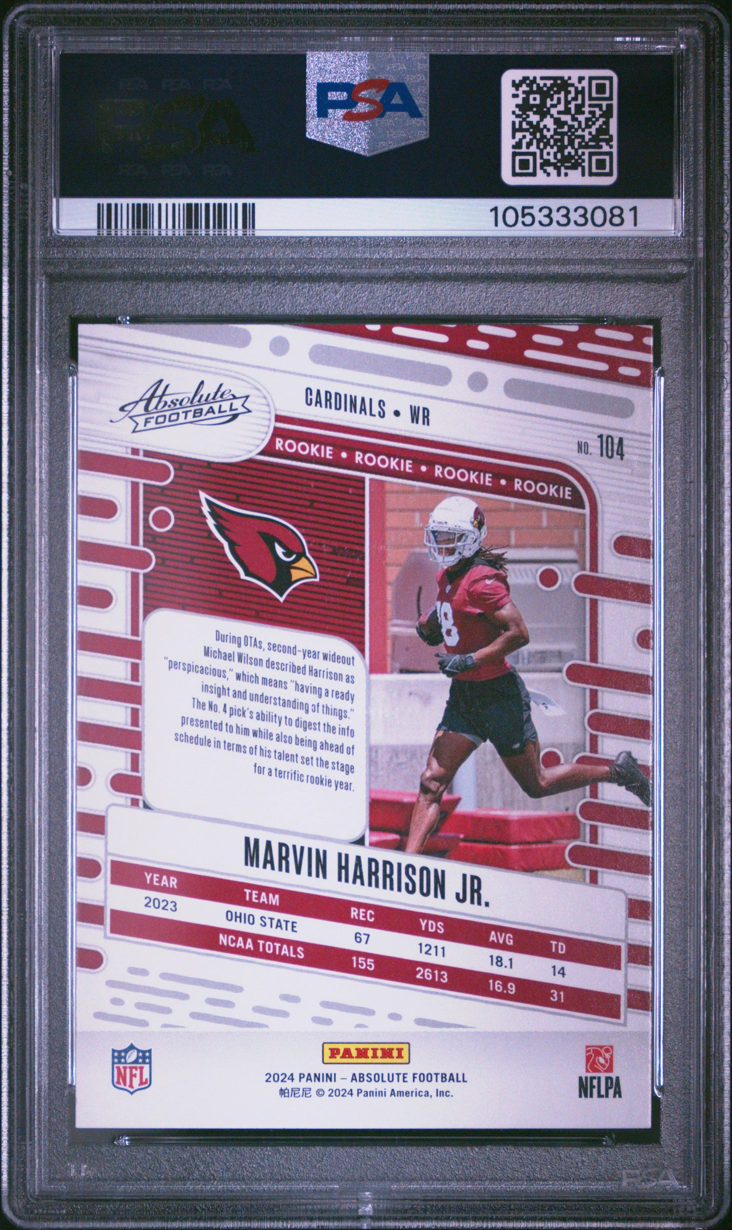 Graded 2024 Panini Absolute Marvin Harrison Jr #104 Rookie RC Football Card PSA 10 Gem Mint - Image 2