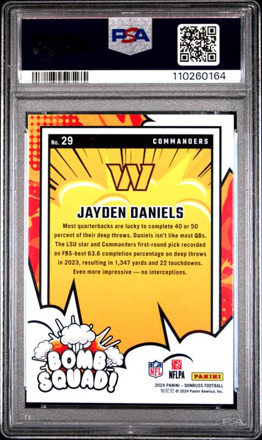 Graded 2024 Panini Donruss Jayden Daniels #29 Bomb Squad Rookie RC Football Card PSA 9 Mint - Image 2