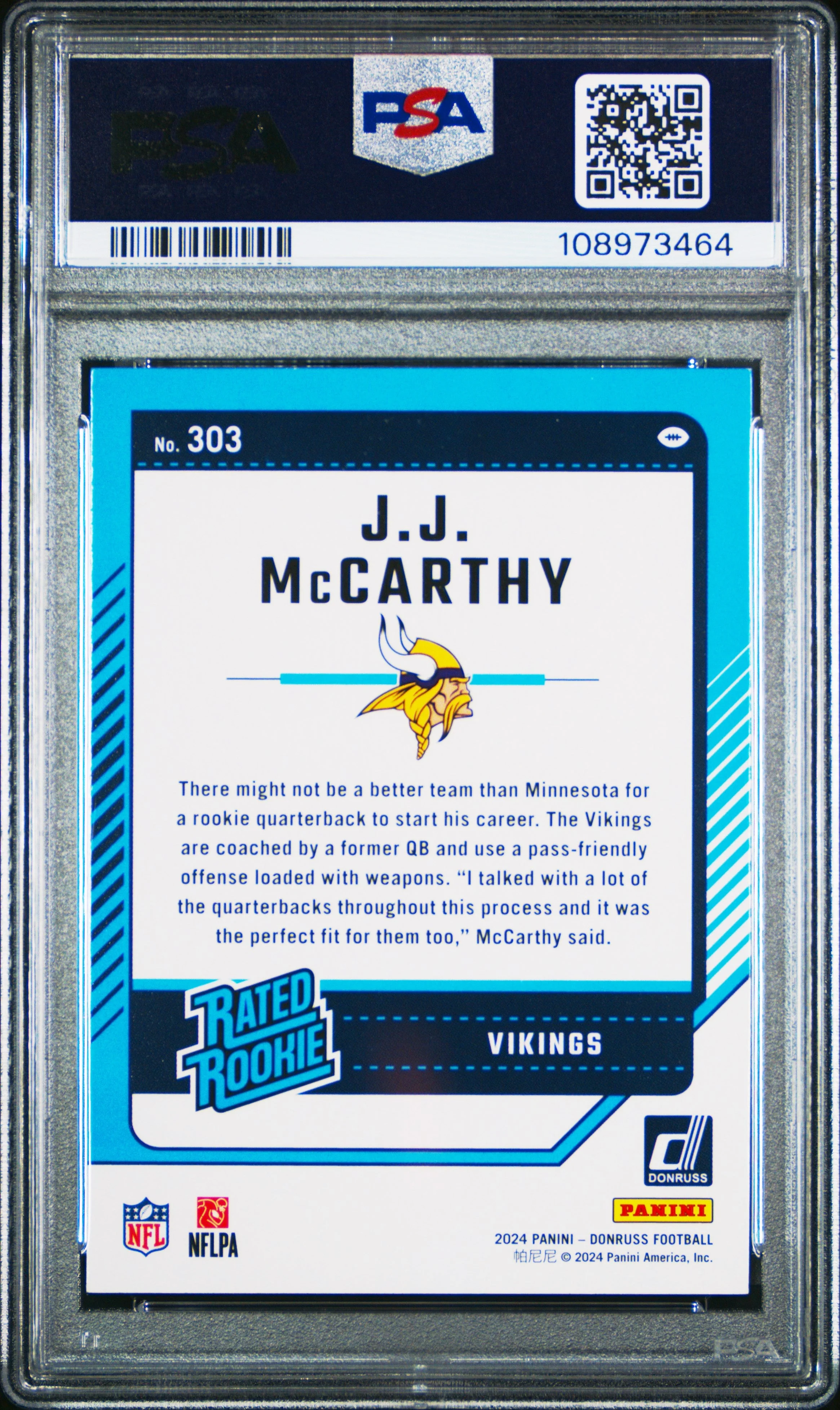 Graded 2024 Panini Donruss JJ McCarthy #303 Rookie RC Football Card PSA 9 Mint - Image 2