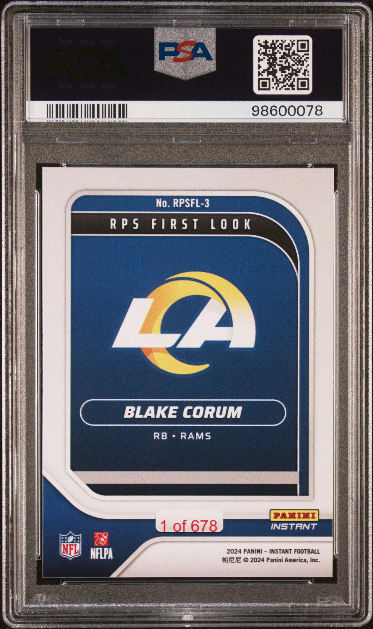 Graded 2024 Panini Instant NFL Blake Corum #RPSFL3 RPS First Look Rookie RC Football Card PSA 10 Gem Mint - Image 2