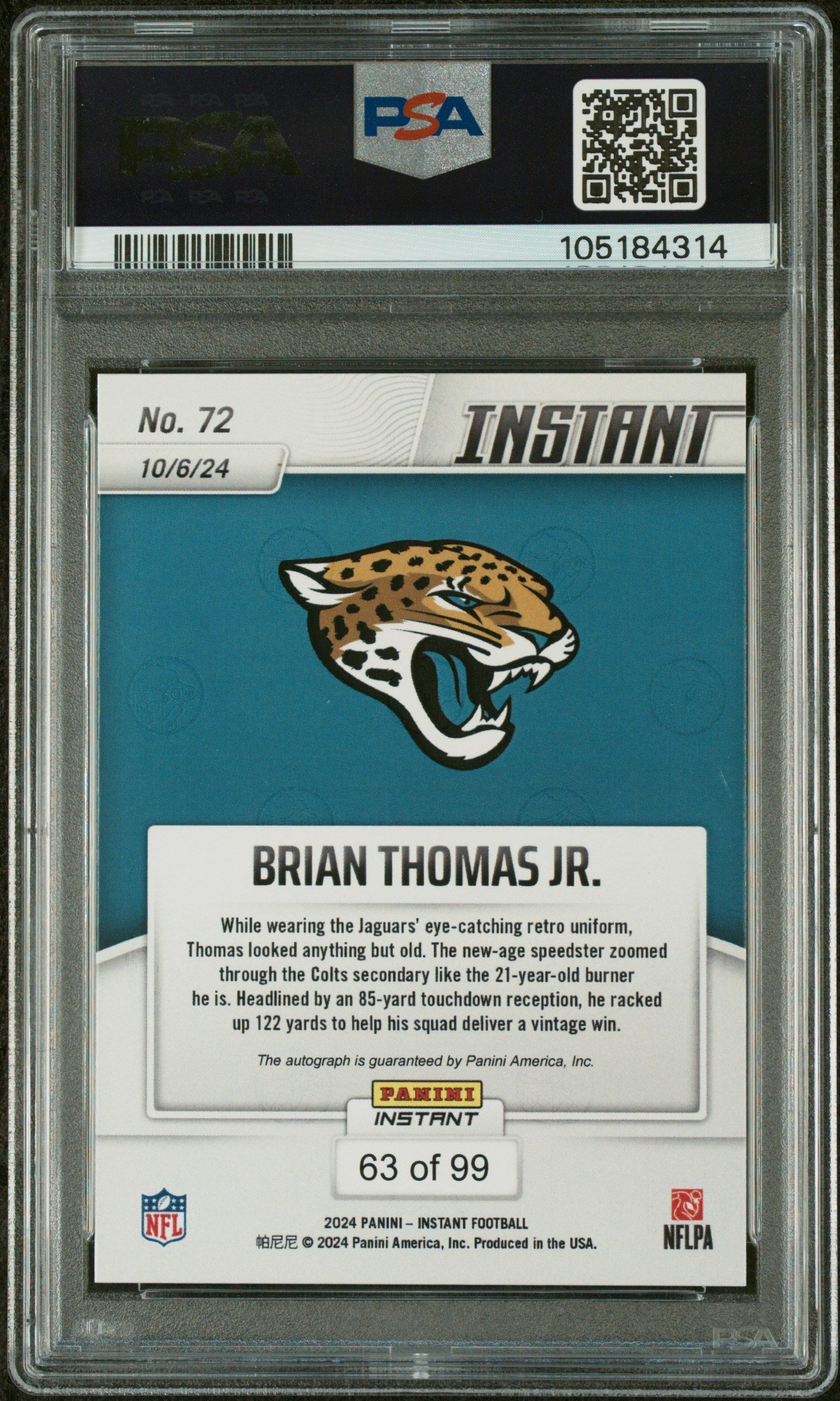 Graded 2024 Panini Instant NFL Brian Thomas Jr #72 Autograph /99 Rookie RC Football Card PSA 10 Auto Grade Gem Mint - Image 2