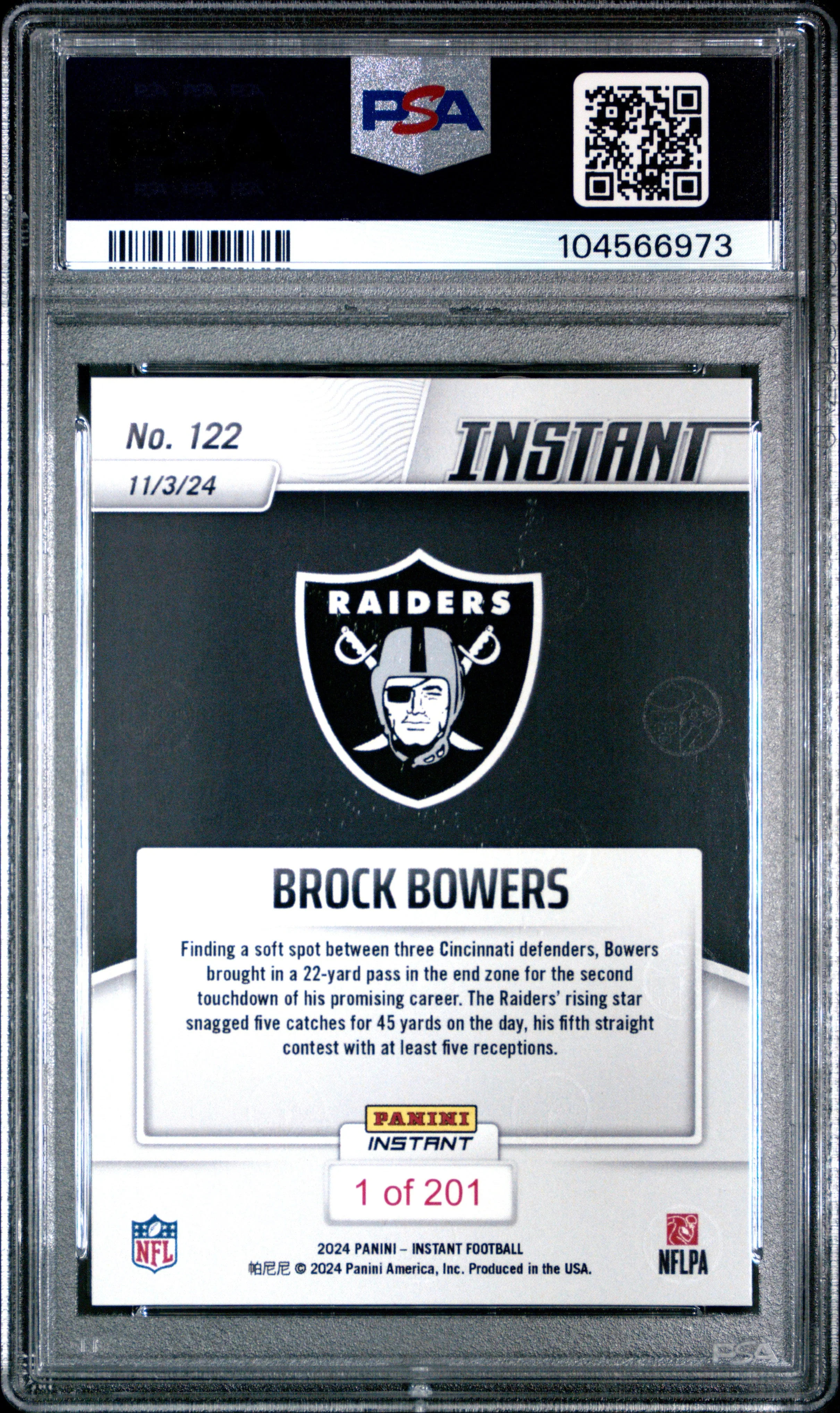 Graded 2024 Panini Instant NFL Brock Bowers #122 Rookie RC Football Card PSA 10 Gem Mint - Image 2