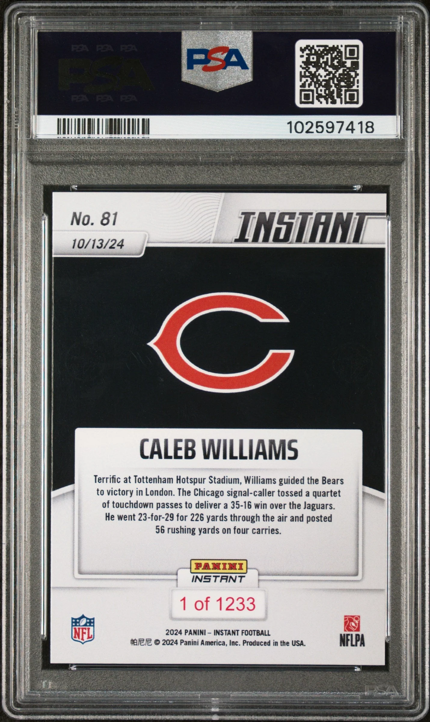 Graded 2024 Panini Instant NFL Caleb Williams #81 Rookie RC Football Card PSA 10 Gem Mint - Image 2