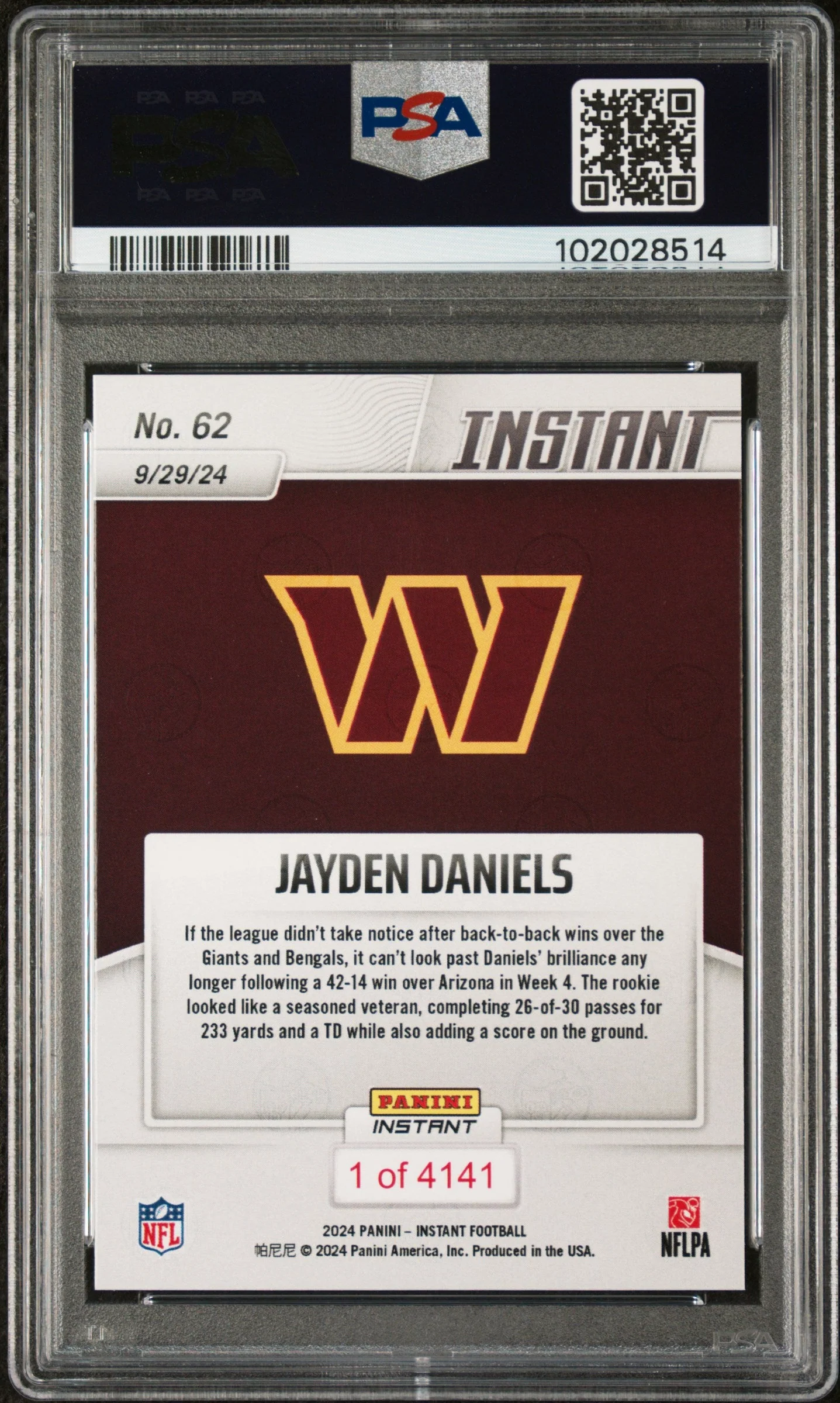Graded 2024 Panini Instant NFL Jayden Daniels #62 Rookie RC Football Card PSA 10 Gem Mint - Image 2