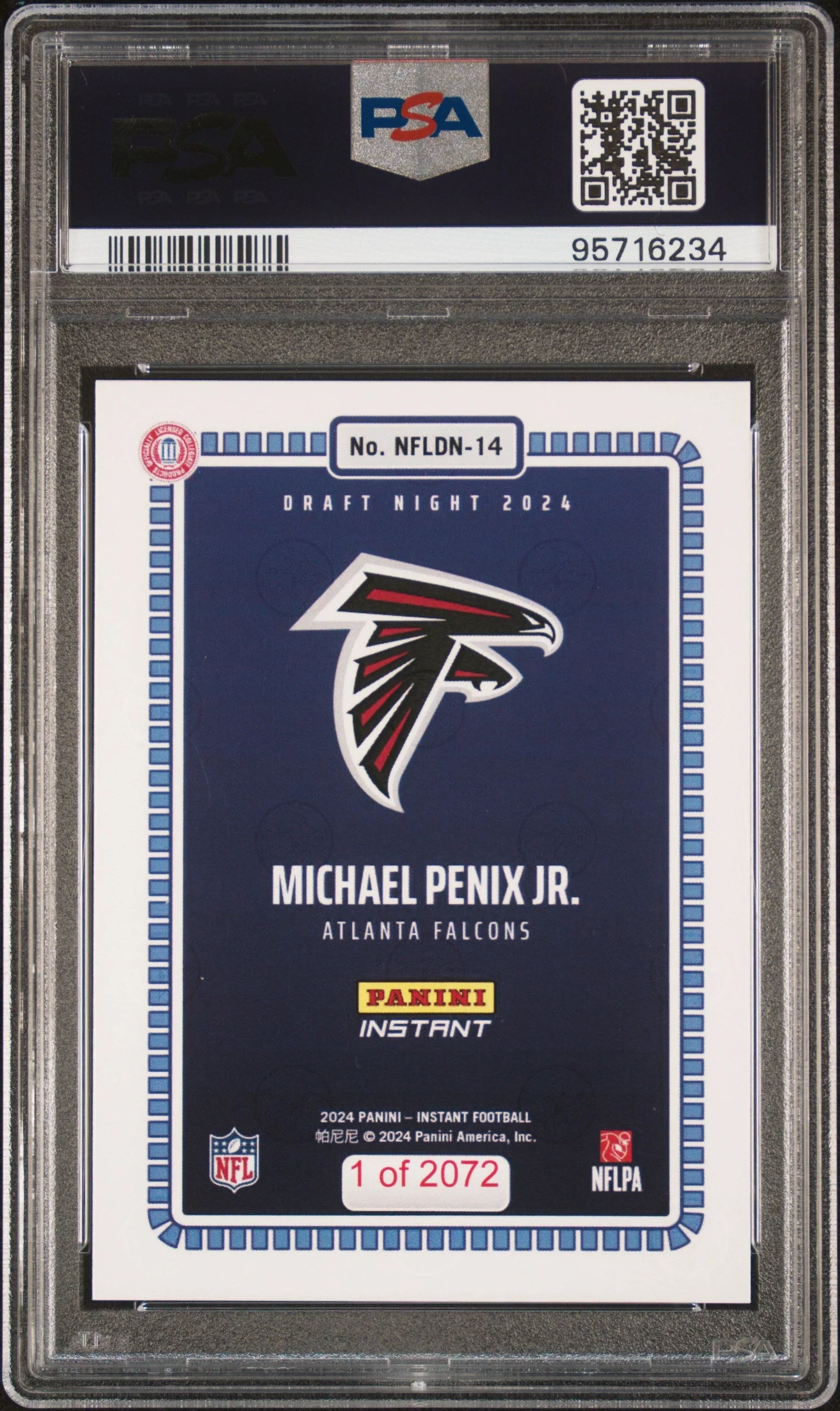Graded 2024 Panini Instant NFL Michael Penix Jr #14 Draft Night Rookie RC Football Card PSA 9 Mint - Image 2
