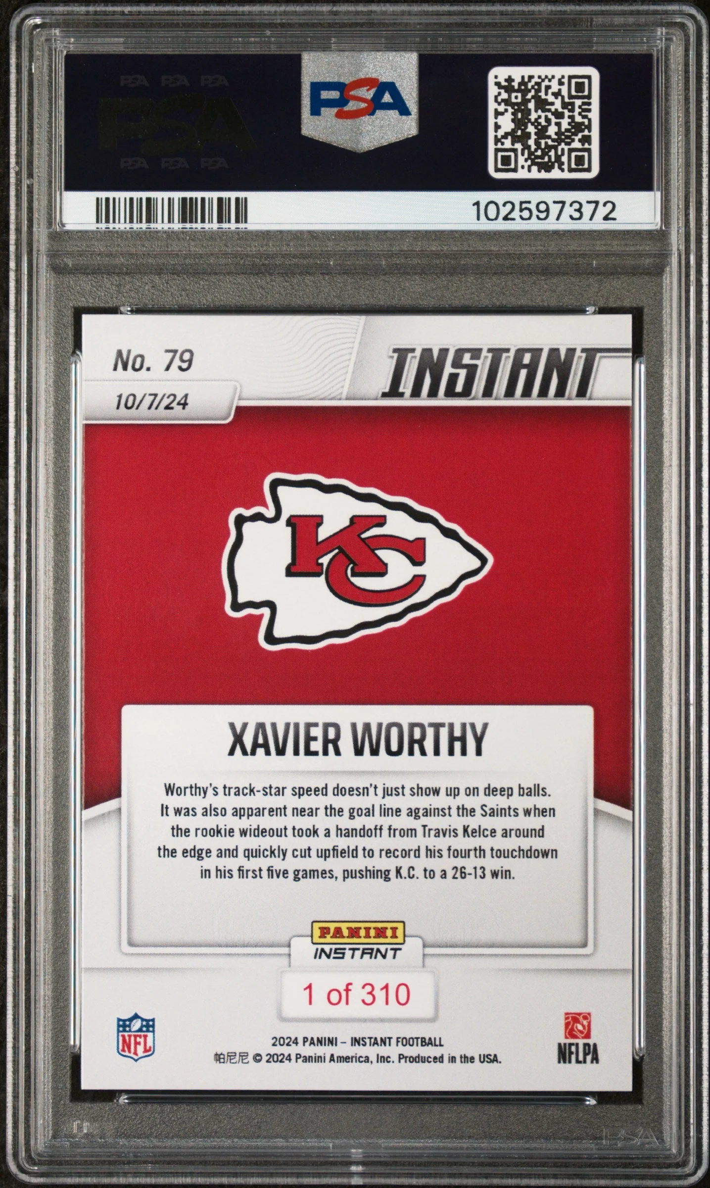 Graded 2024 Panini Instant NFL Xavier Worthy #79 Rookie RC Football Card PSA 10 Gem Mint - Image 2