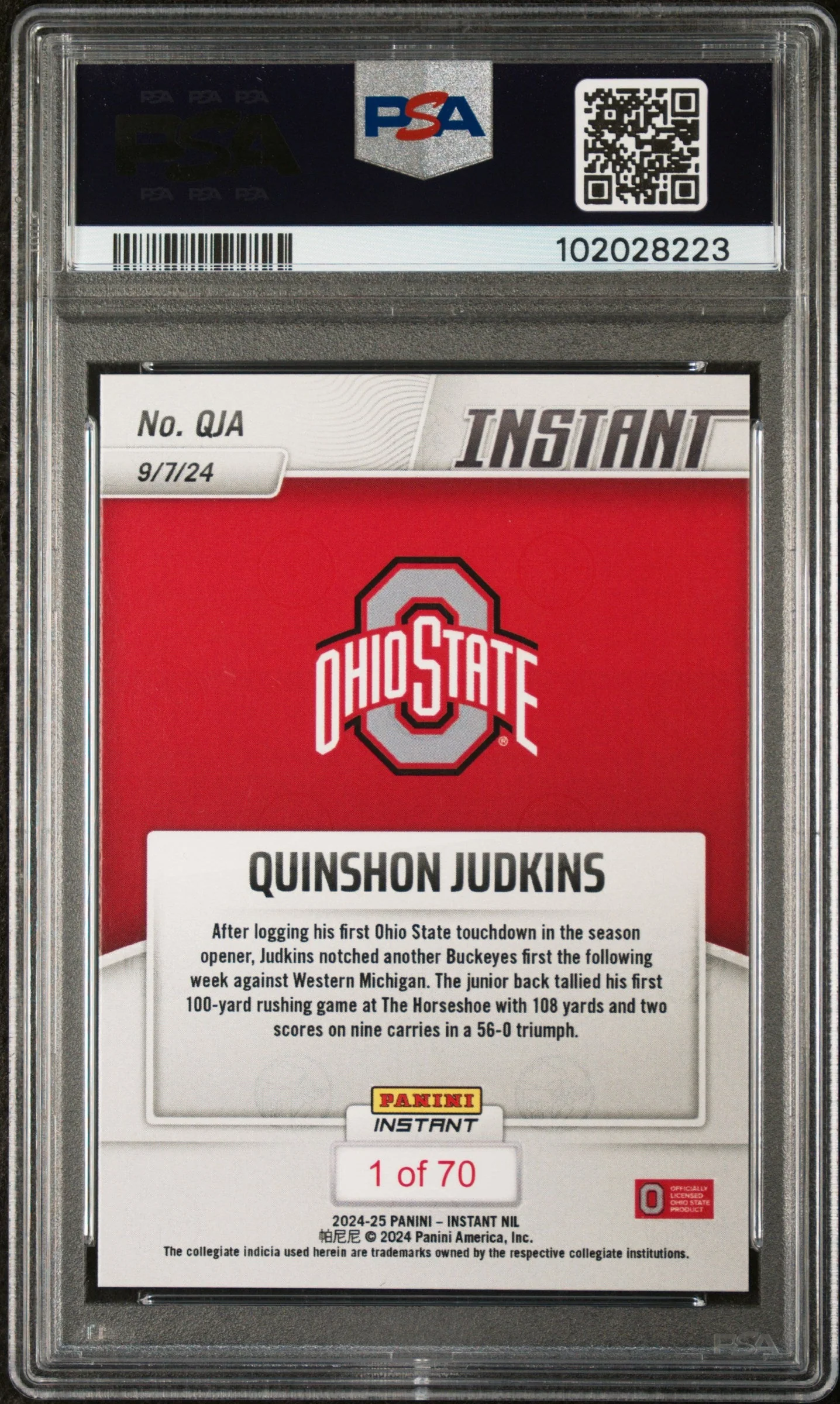 Graded 2024 Panini Instant NIL Quinshon Judkins #QJA Rookie RC Football Card PSA 10 Gem Mint - Image 2