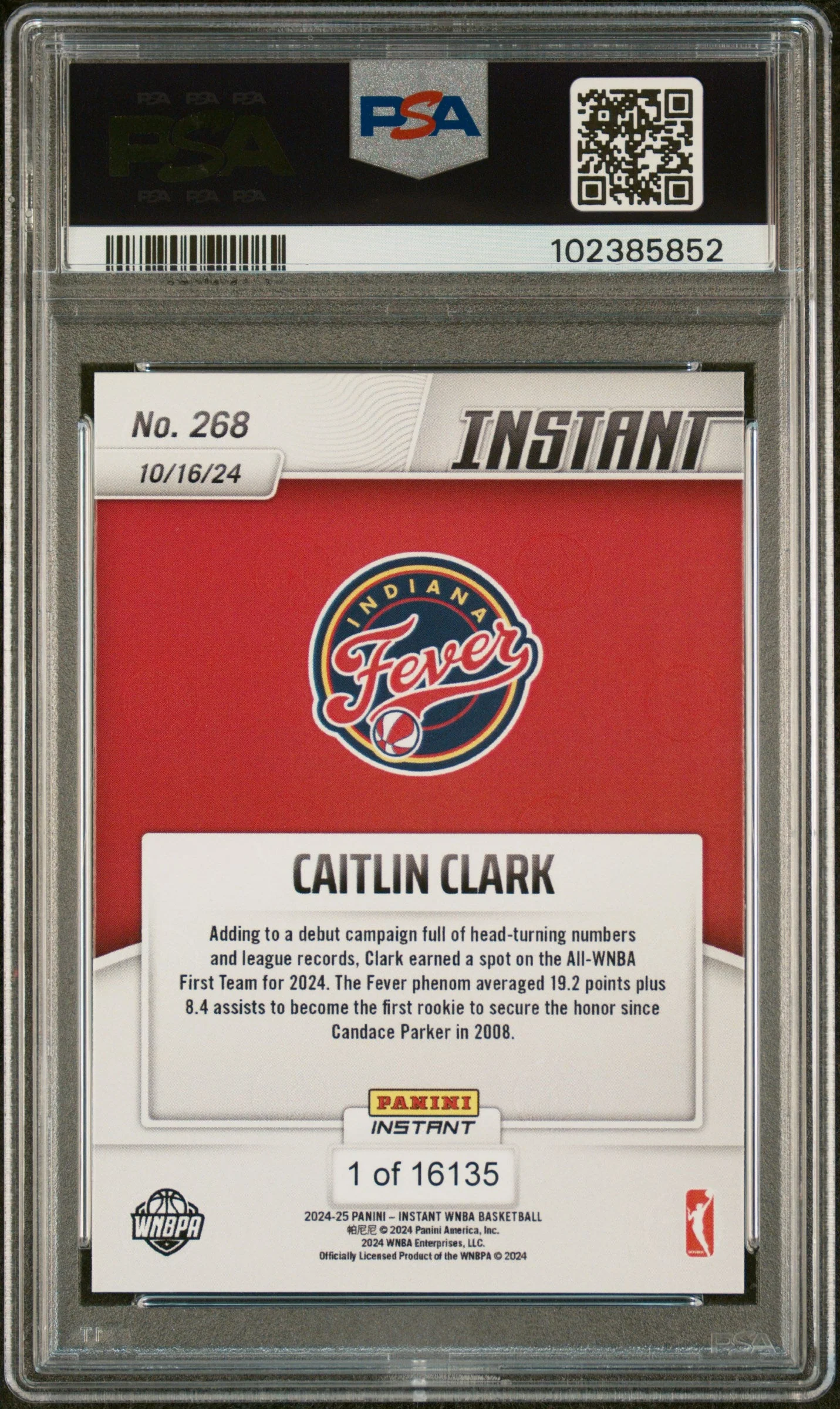 Graded 2024 Panini Instant WNBA Caitlin Clark #268 Rookie RC Basketball Card PSA 10 Gem Mint - Image 2
