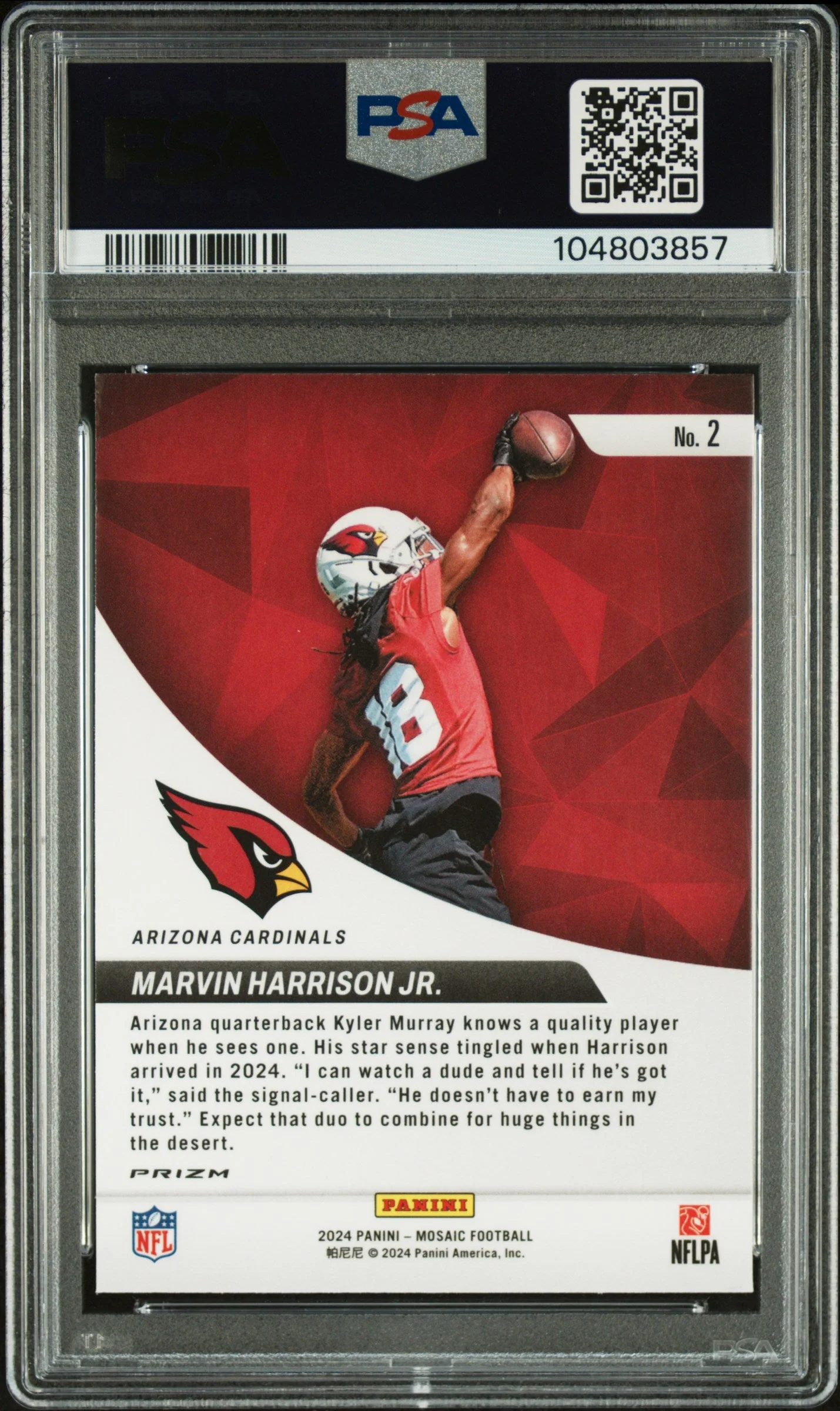 Graded 2024 Panini Mosaic Marvin Harrison Jr #2 Elevate Green Rookie RC Football Card PSA 10 Gem Mint - Image 2