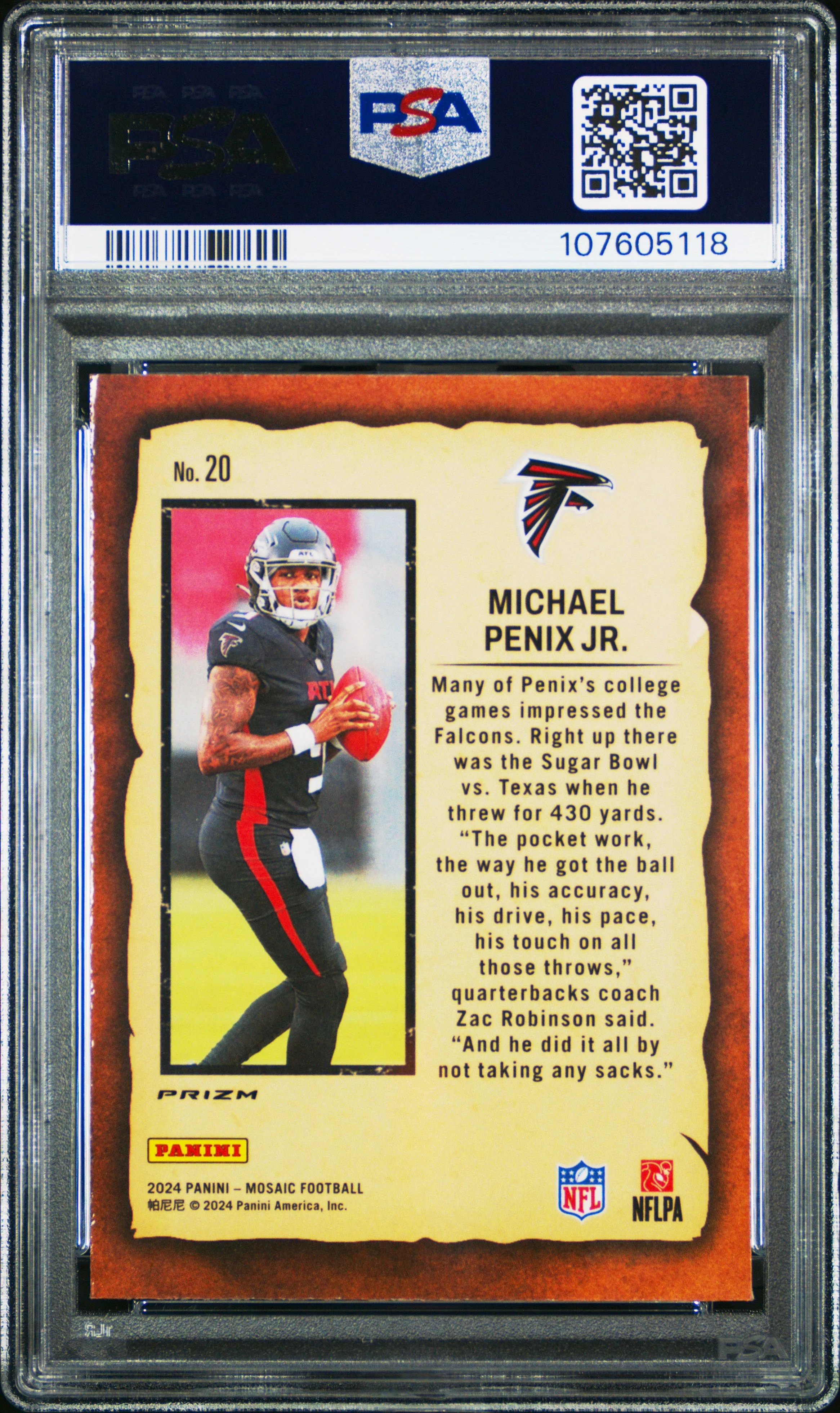 Graded 2024 Panini Mosaic Michael Penix Jr #20 Notoriety Mosaic Rookie RC Football Card PSA 10 Gem Mint - Image 2