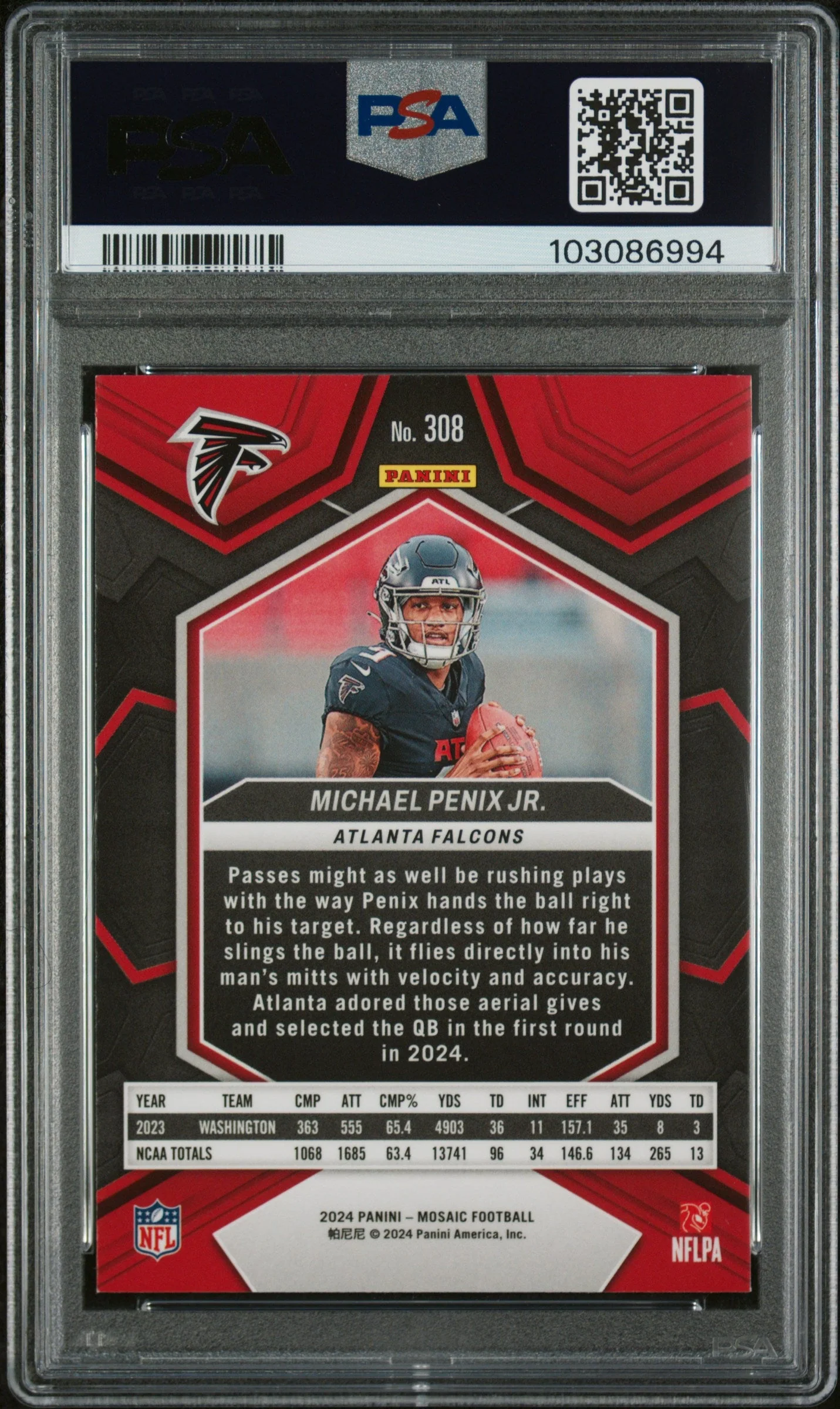 Graded 2024 Panini Mosaic Michael Penix Jr #308 Rookie RC Football Card PSA 10 Gem Mint - Image 2